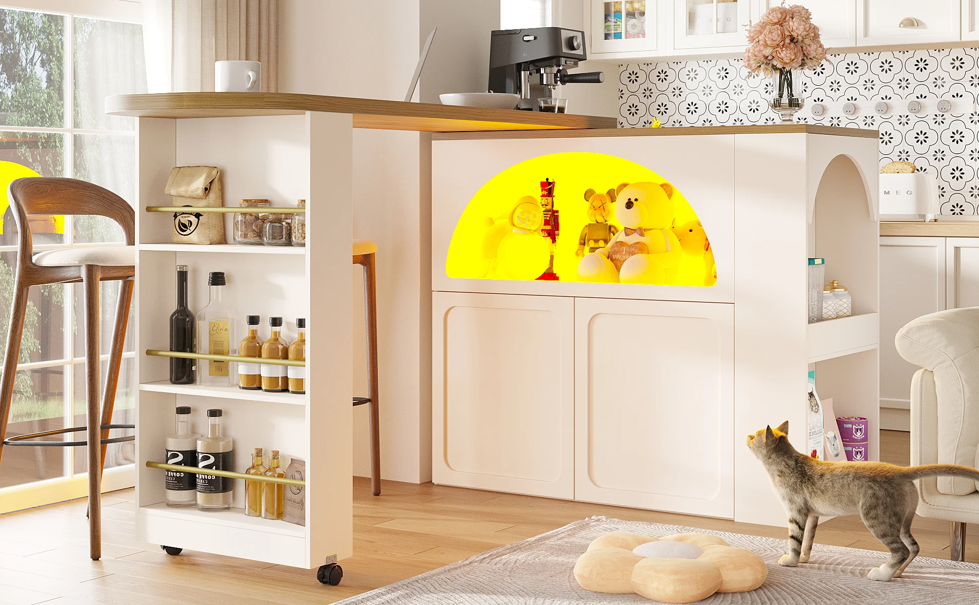 Extendable Bar Table Storage LED Curved Door Design - White - Image 6