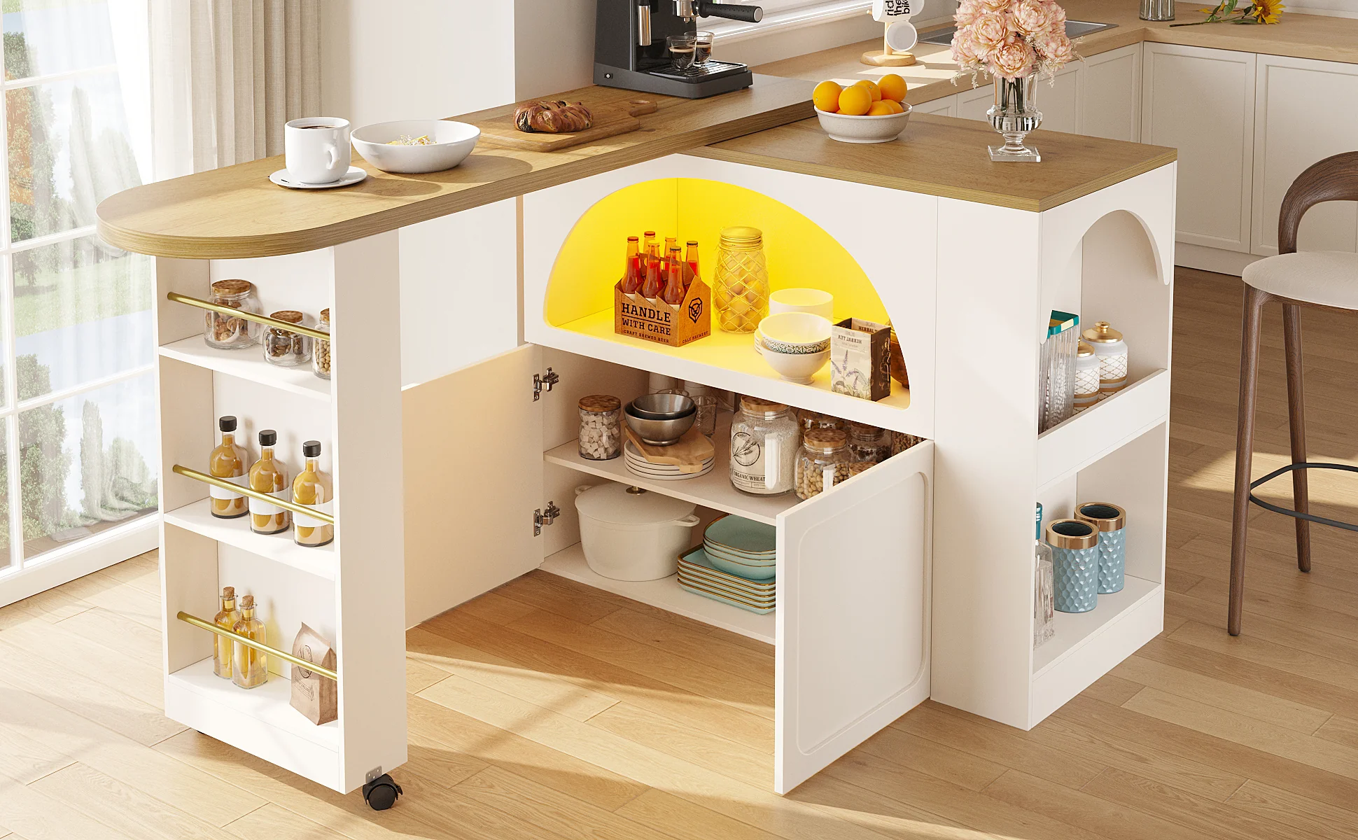 Extendable Bar Table Storage LED Curved Door Design - White - Image 7