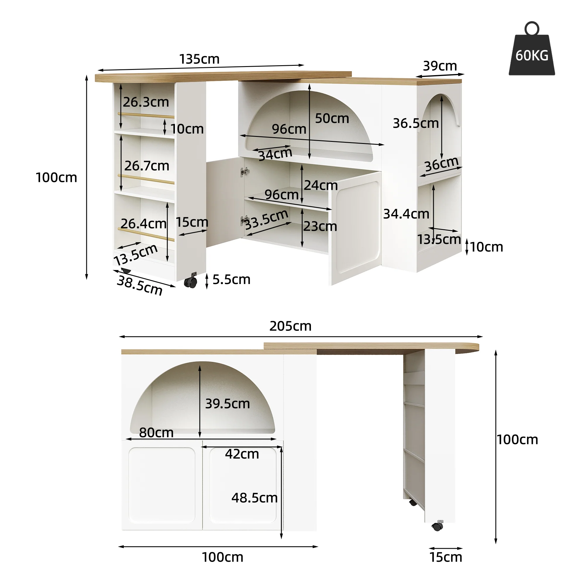 Extendable Bar Table Storage LED Curved Door Design - White - Image 8