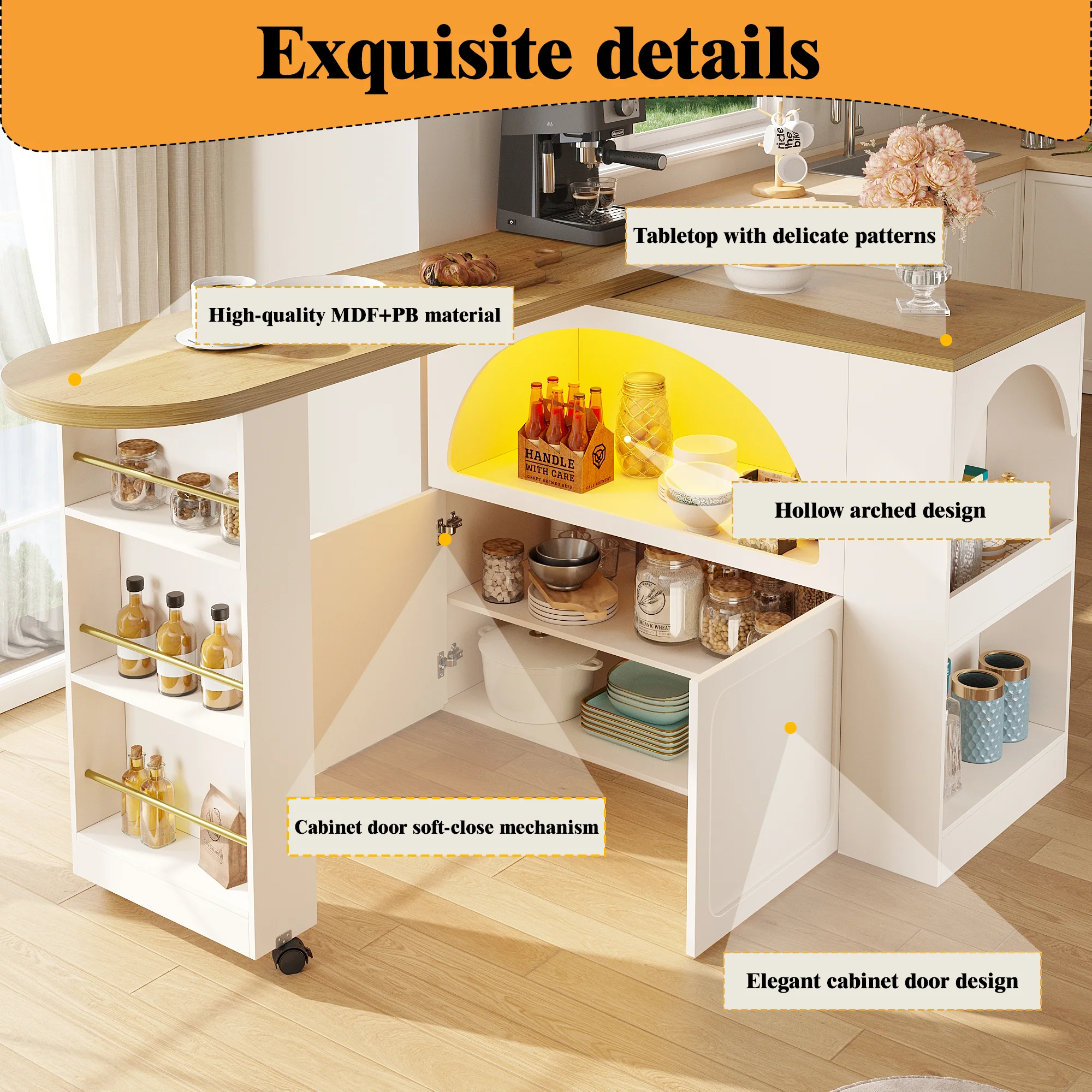 Extendable Bar Table Storage LED Curved Door Design - White - Image 9