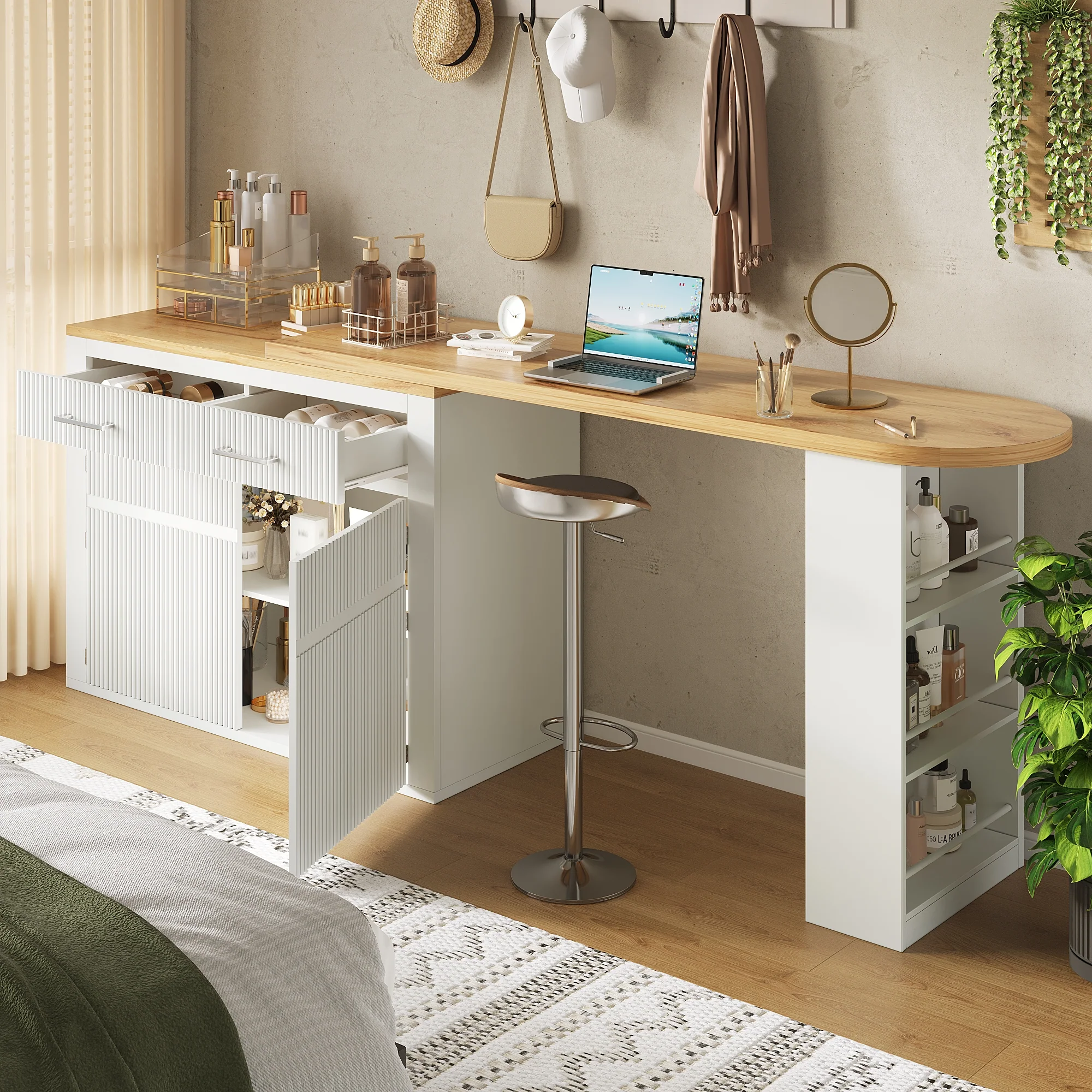 Extendable Bar Table Telescopic Movable Storage Drawer Shelves - White - Image 2