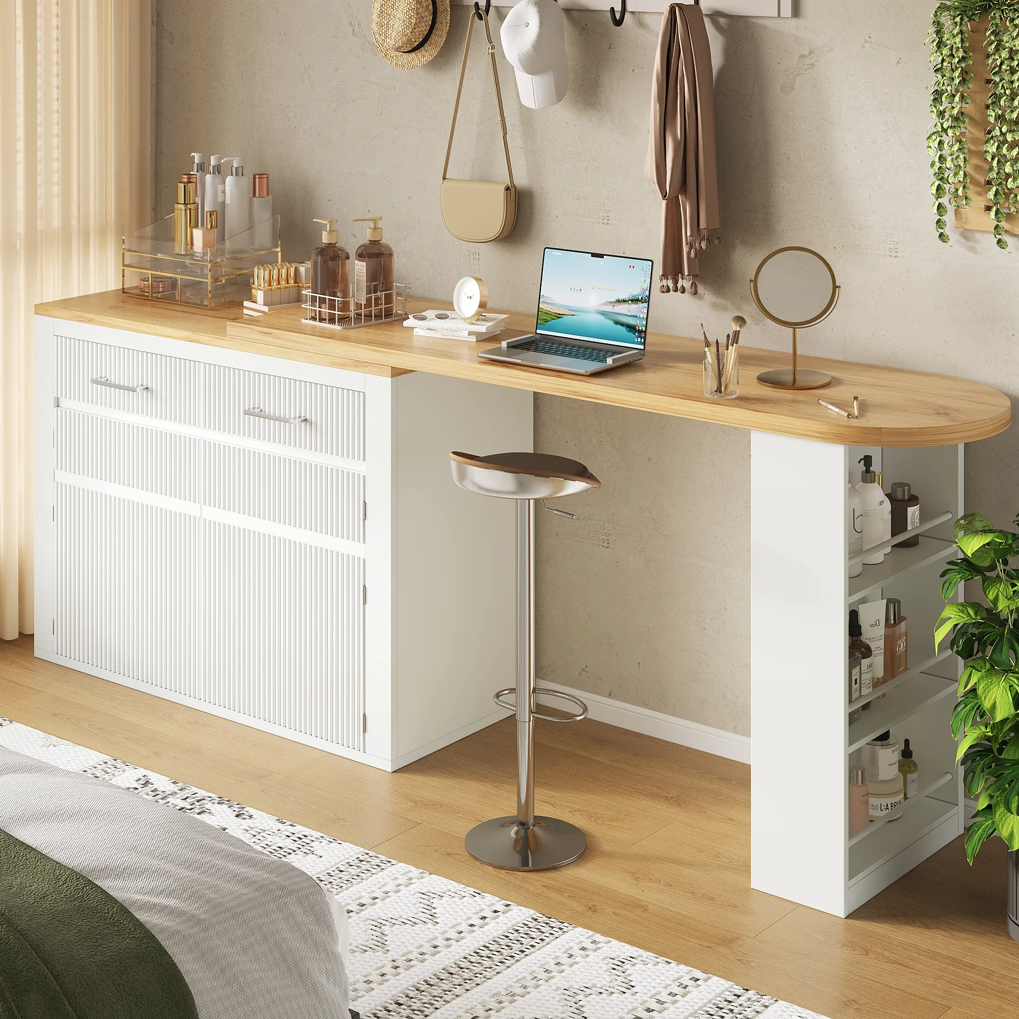 Extendable Bar Table Telescopic Movable Storage Drawer Shelves - White - Image 3