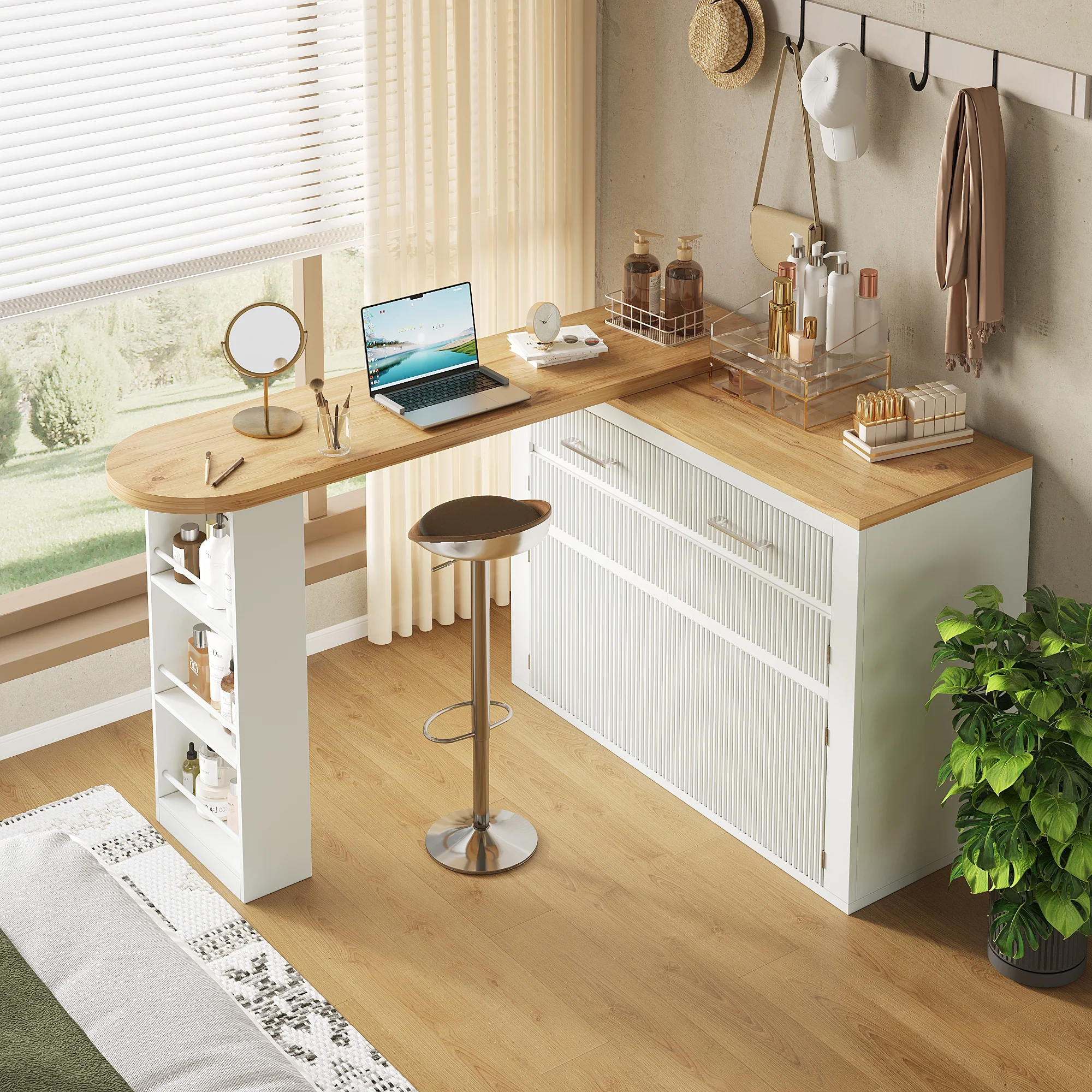 Extendable Bar Table Telescopic Movable Storage Drawer Shelves - White - Image 4