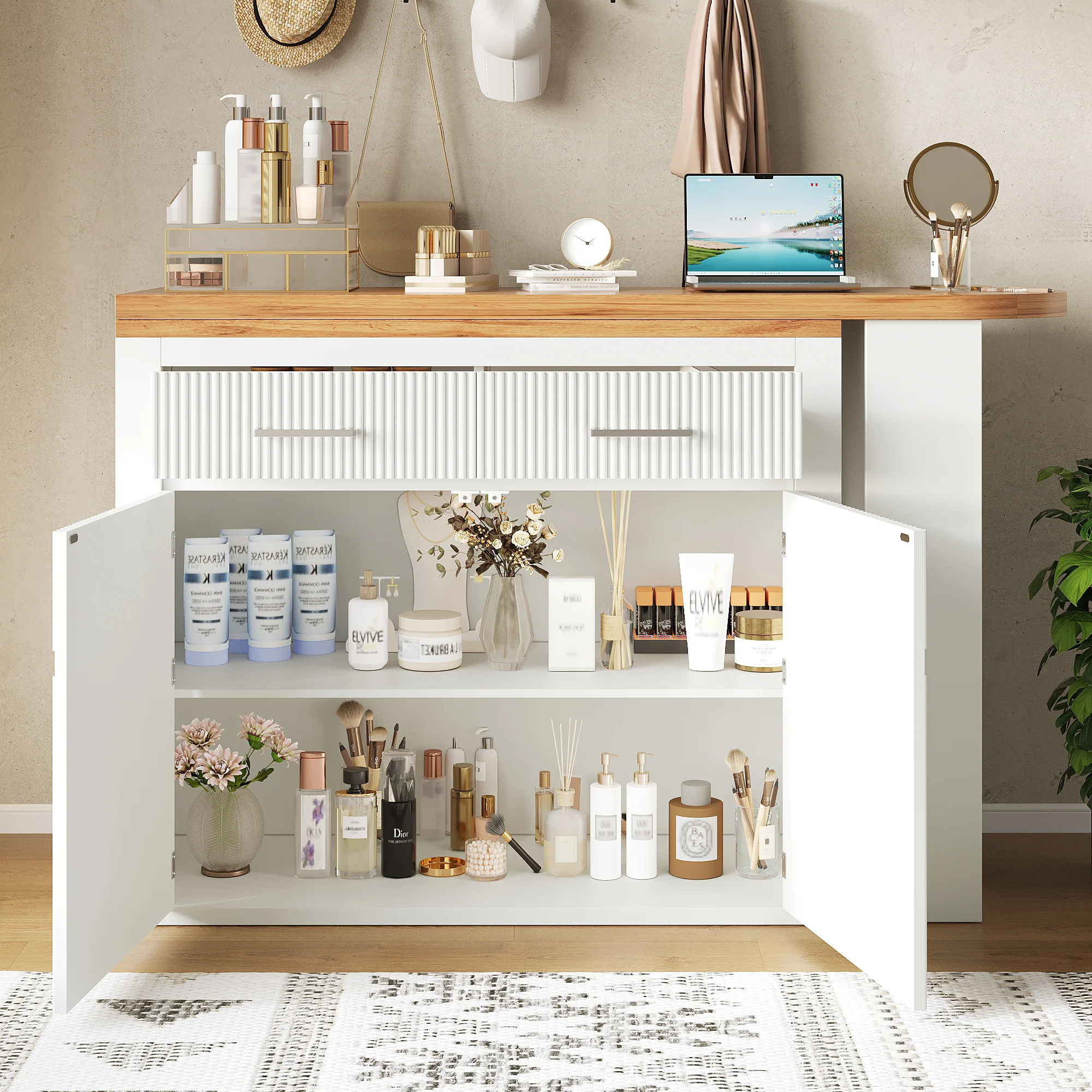 Extendable Bar Table Telescopic Movable Storage Drawer Shelves - White - Image 5
