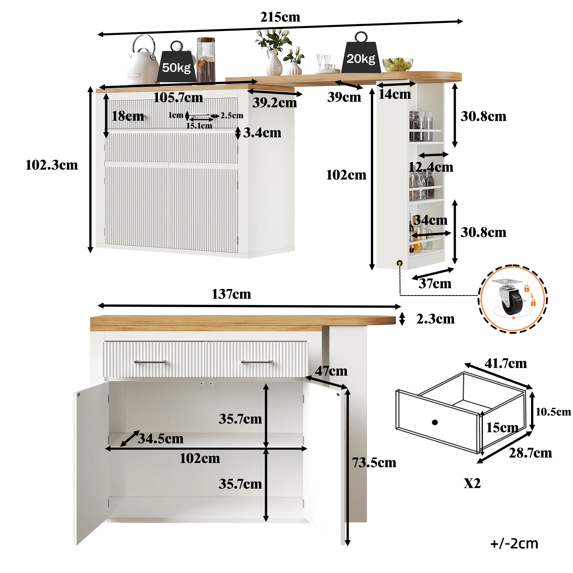 Extendable Bar Table Telescopic Movable Storage Drawer Shelves - White - Image 6