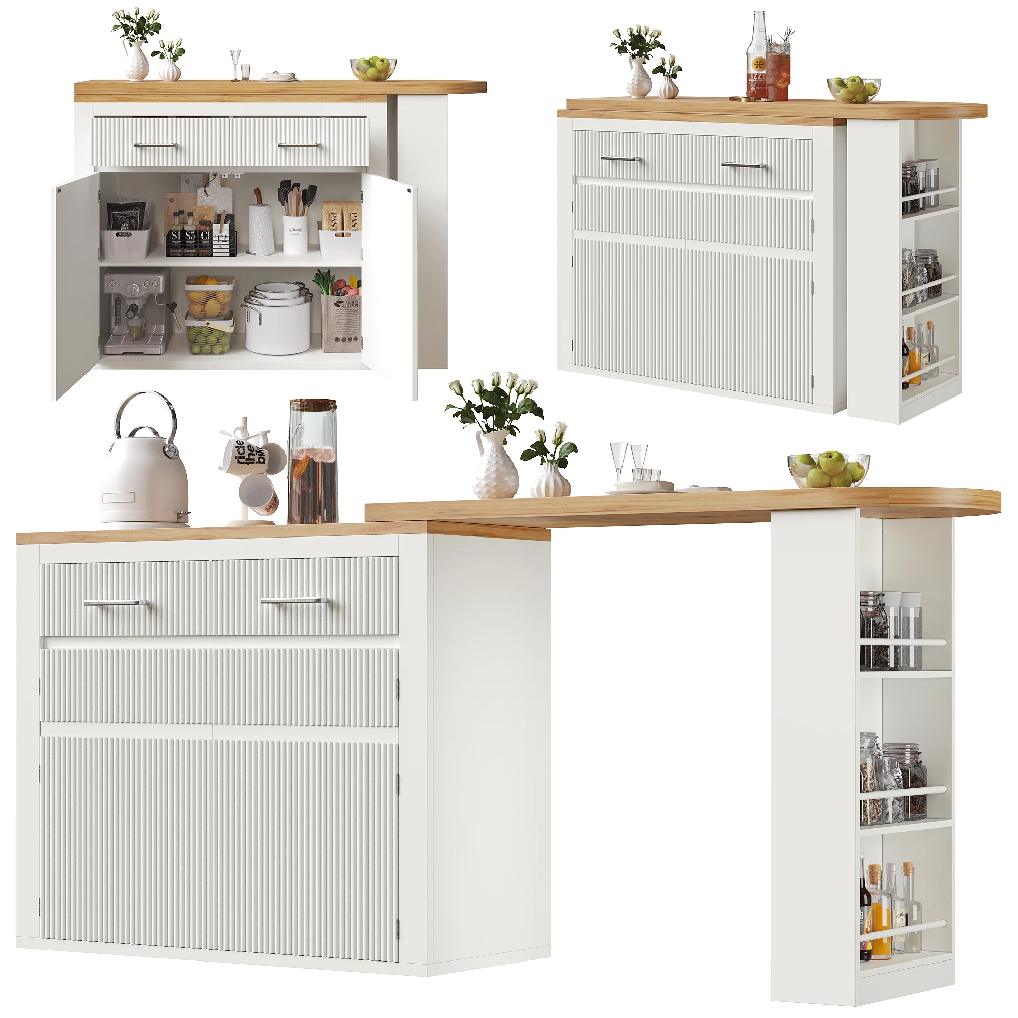 Extendable Bar Table Telescopic Movable Storage Drawer Shelves - White - Image 7
