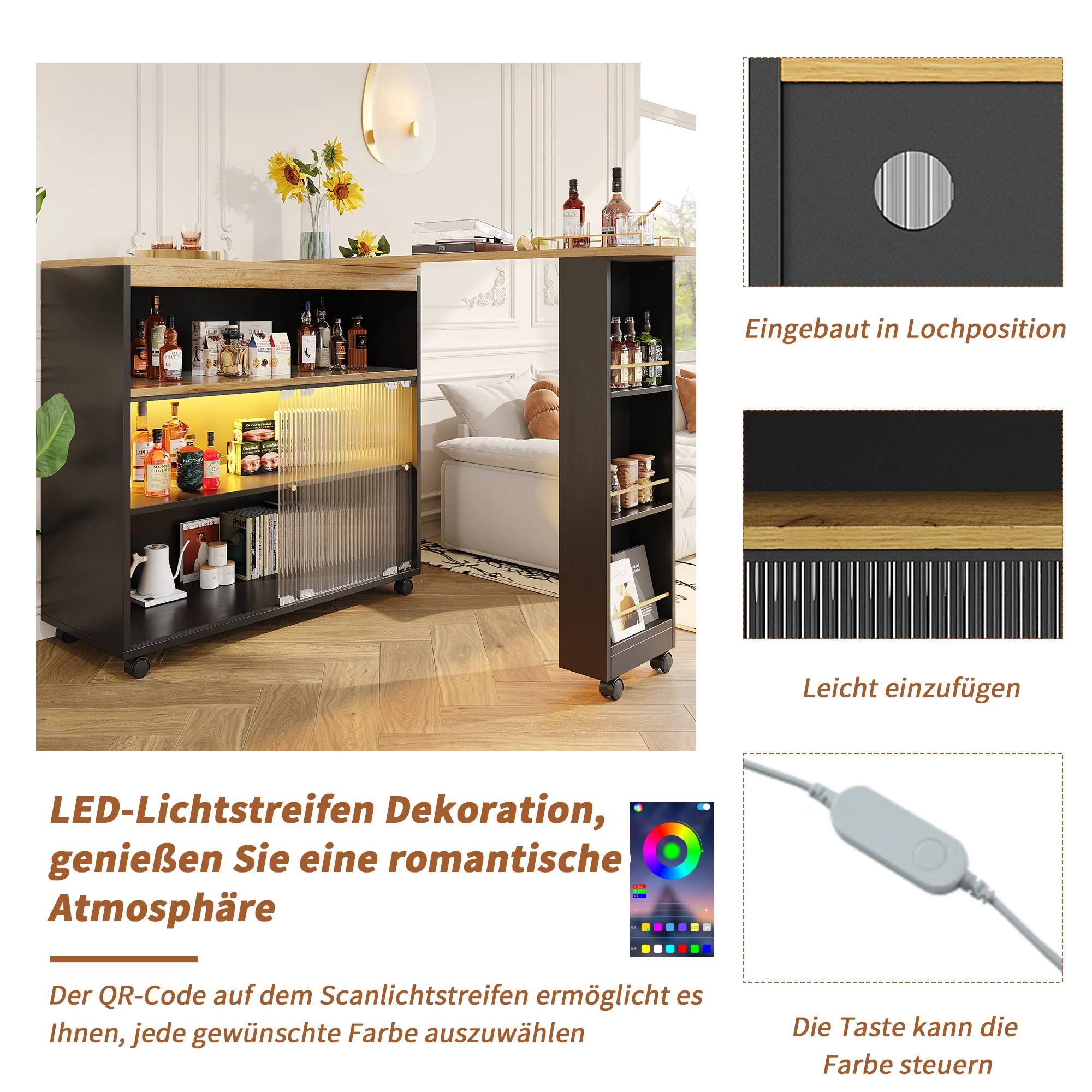 Extendable Bar Table Telescopic with LED Light Storage Cabinet Black - Image 10