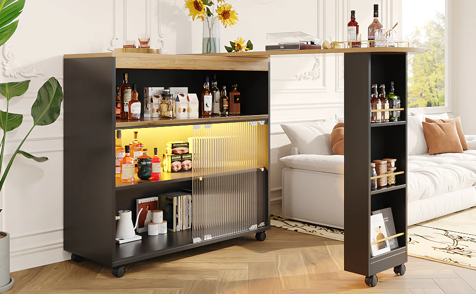 Extendable Bar Table Telescopic with LED Light Storage Cabinet Black - Image 2