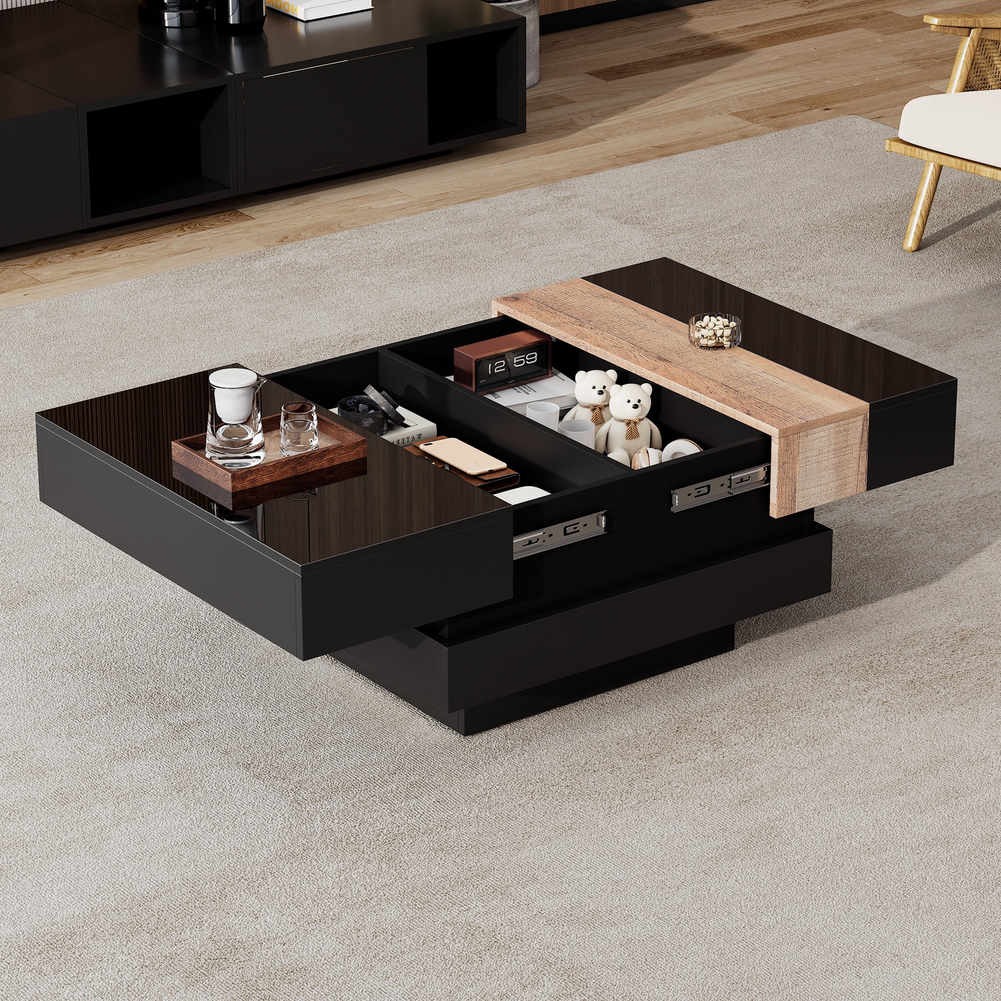 Extendable Coffee Table Hidden Storage High-Gloss - Black - Image 4