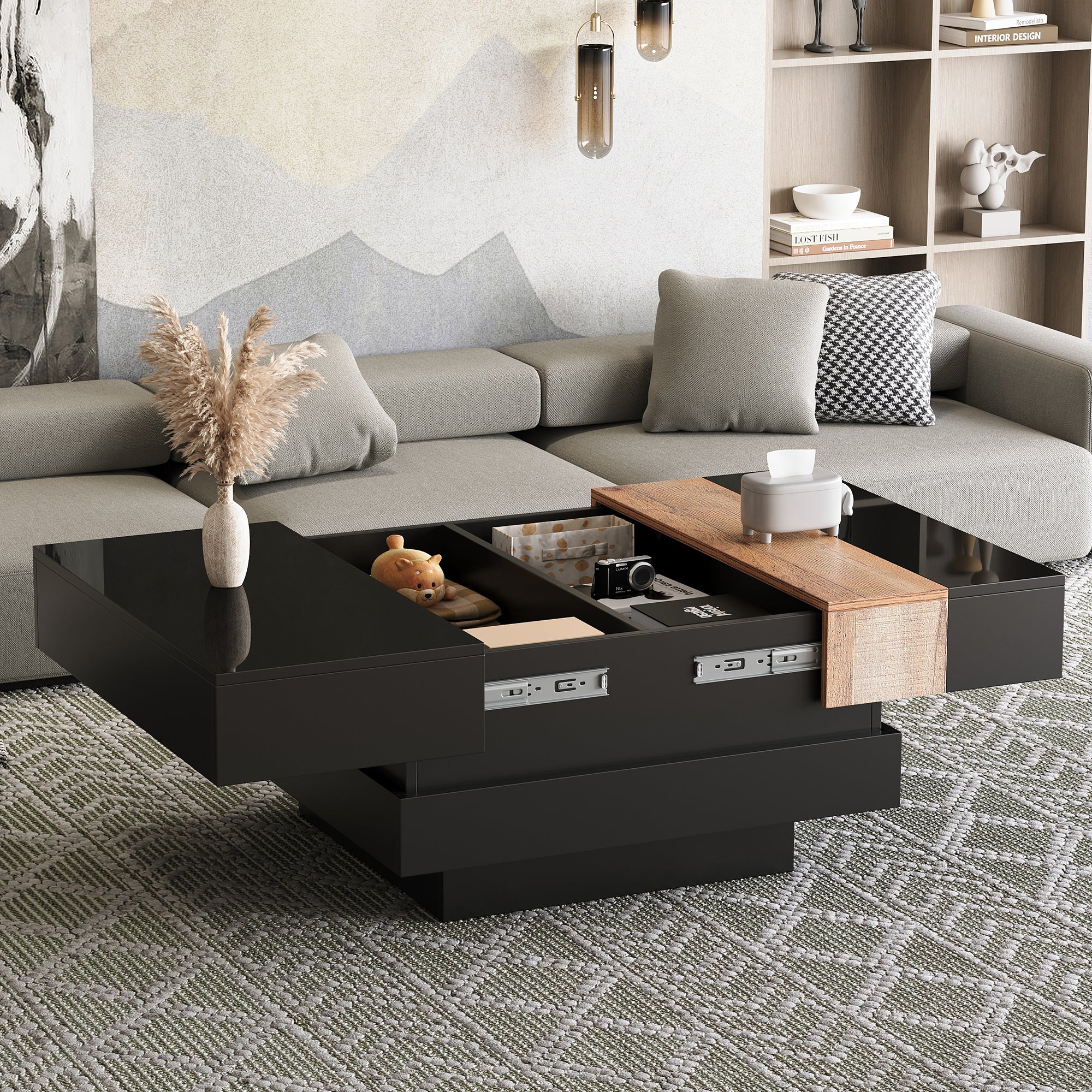 Extendable Coffee Table Hidden Storage High-Gloss - Black - Image 6