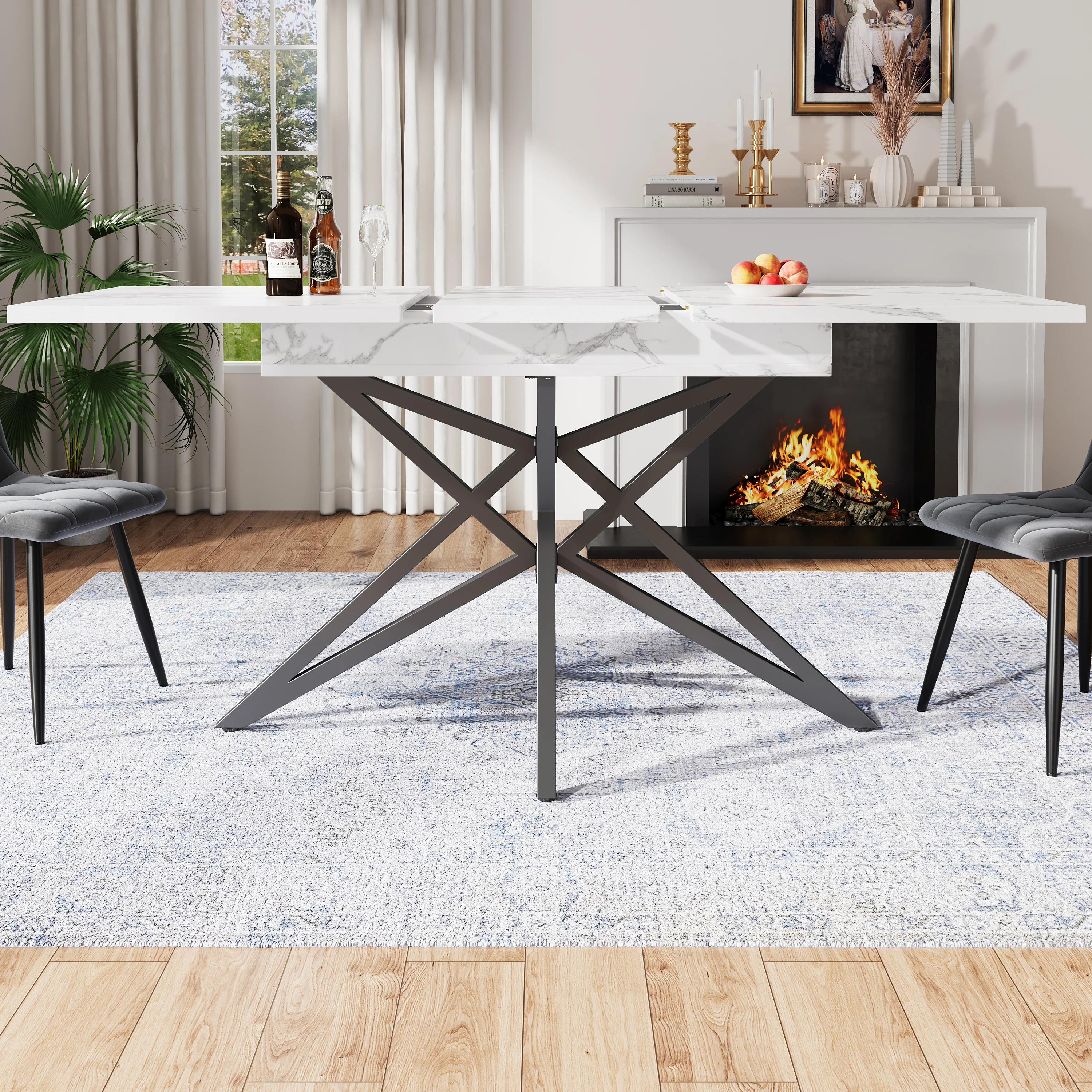 Extendable Dining Table 120(160)x80cm Star-Shaped Legs - Walnut/Marble Look Black
