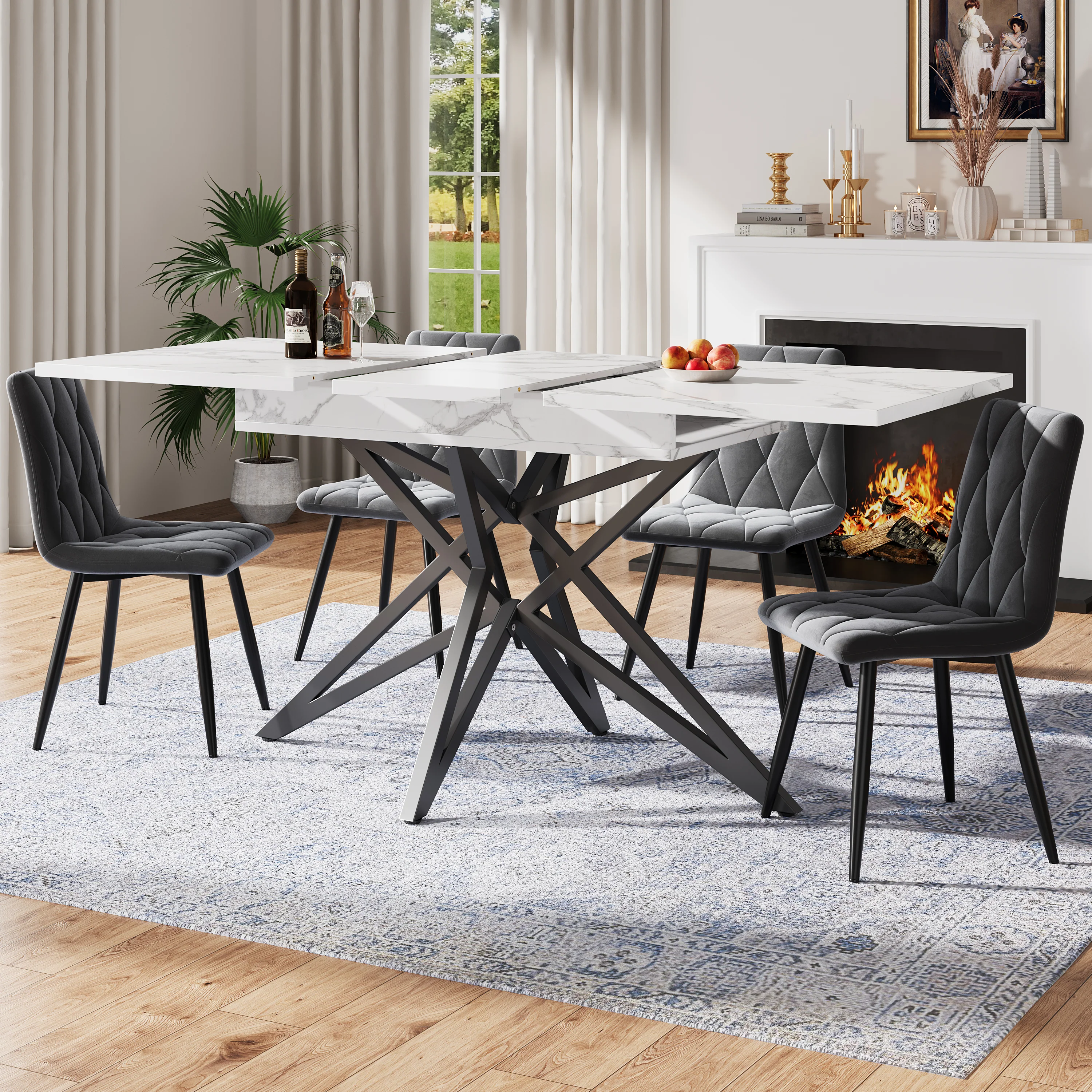 Extendable Dining Table 120(160)x80cm Star-Shaped Legs - Walnut/Marble Look Black - Image 2