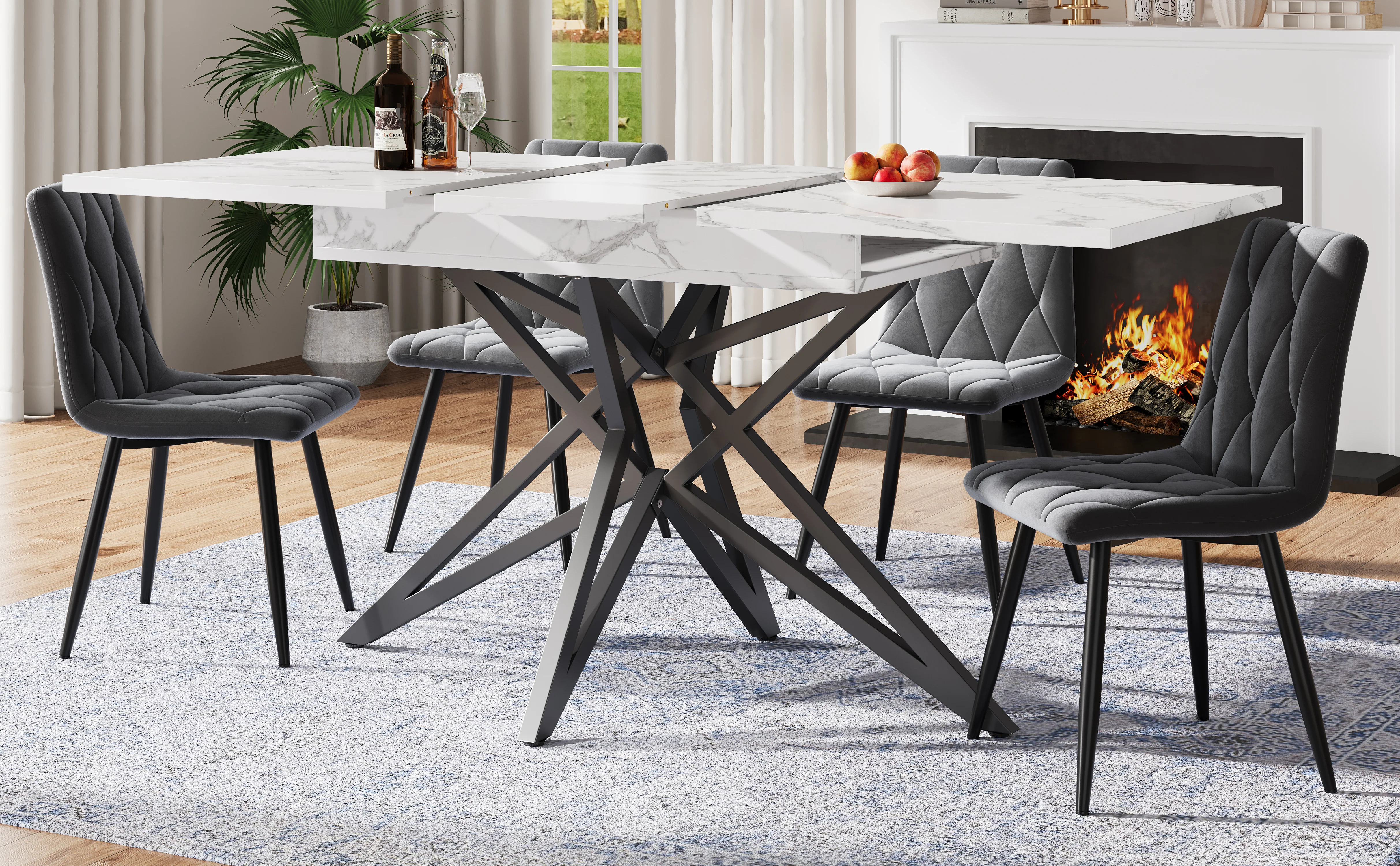 Extendable Dining Table 120(160)x80cm Star-Shaped Legs - Walnut/Marble Look Black - Image 4