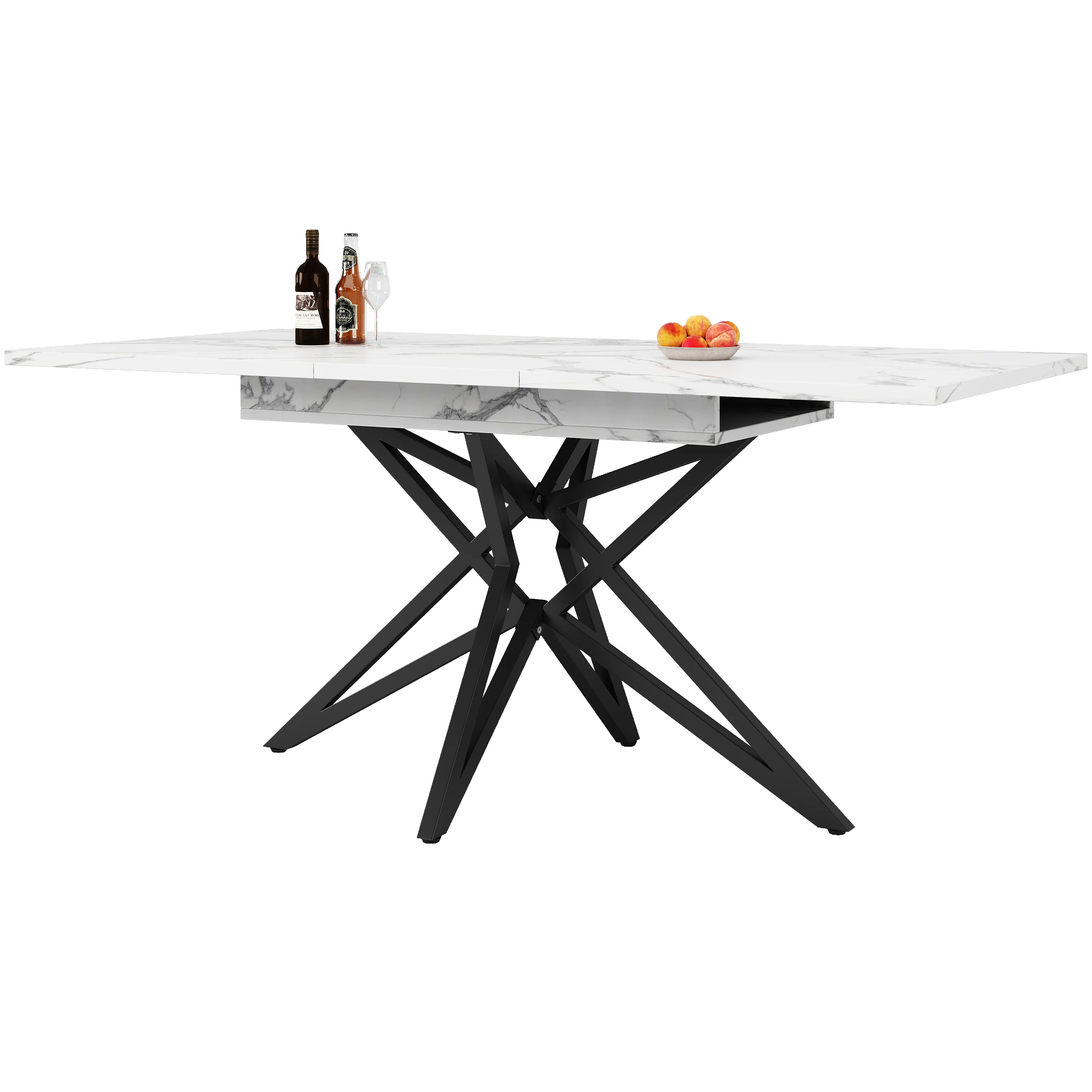 Extendable Dining Table 120(160)x80cm Star-Shaped Legs - Walnut/Marble Look Black - Image 8