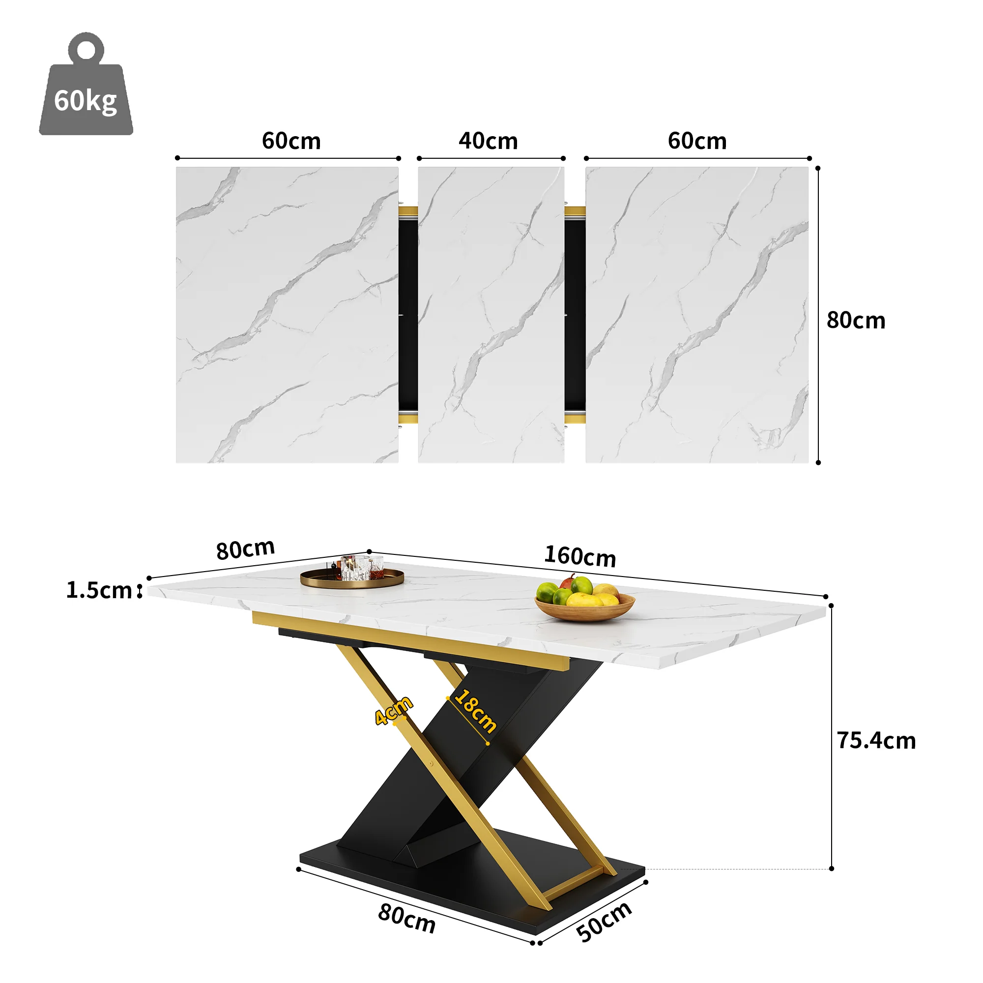 Extendable Dining Table 120-160cm Internal Leaf Golden Cross Legs - Image 2