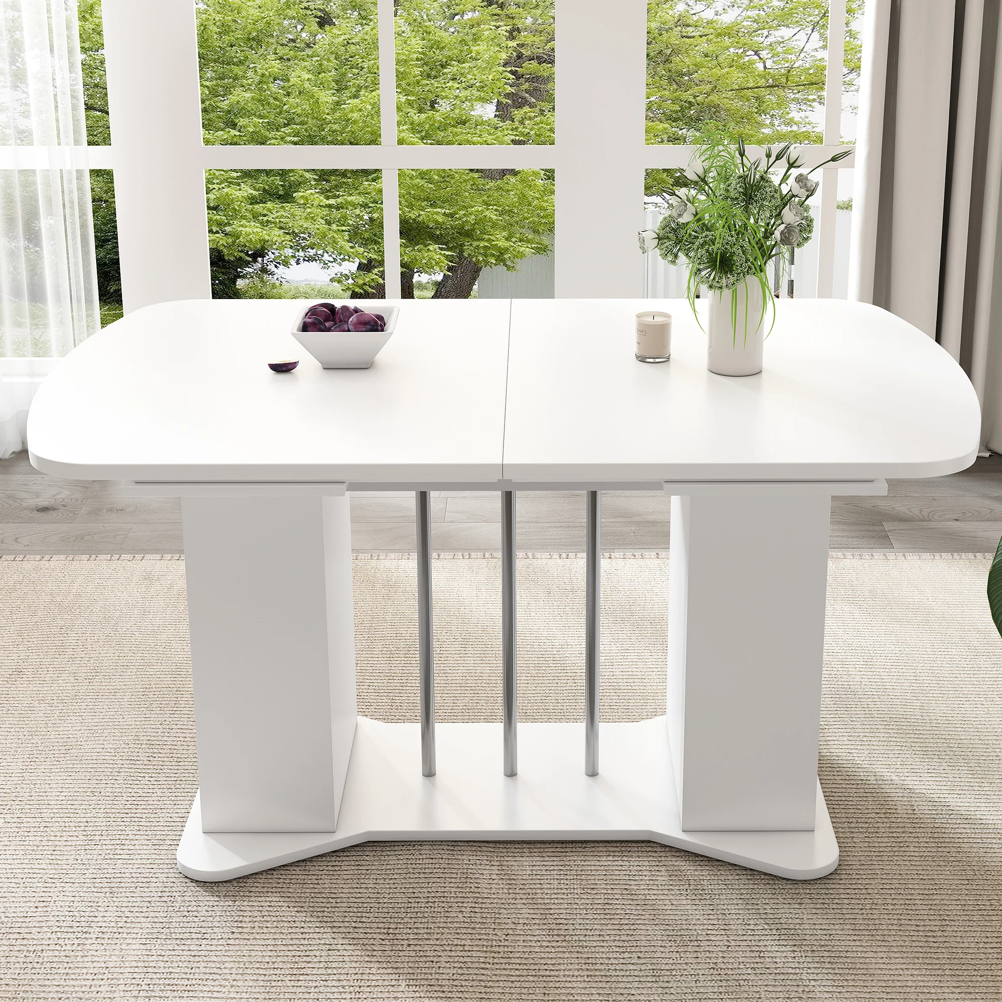 Extendable Dining Table 120/160x80cm Modern Storage - White/Silver Legs - Image 4