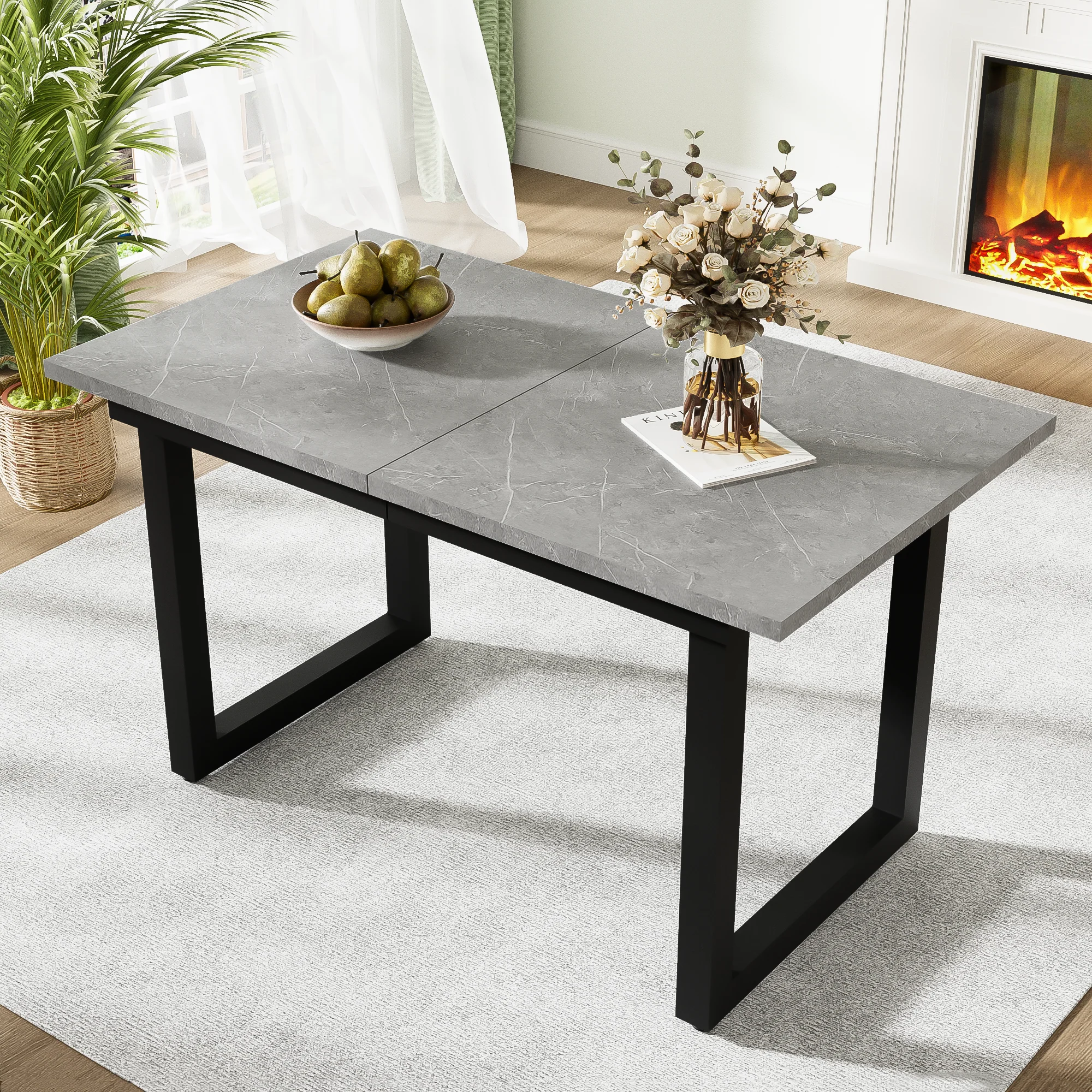 Extendable Dining Table 140/180cm Rectangular Industrial Style - Concrete Look/Black - Image 2