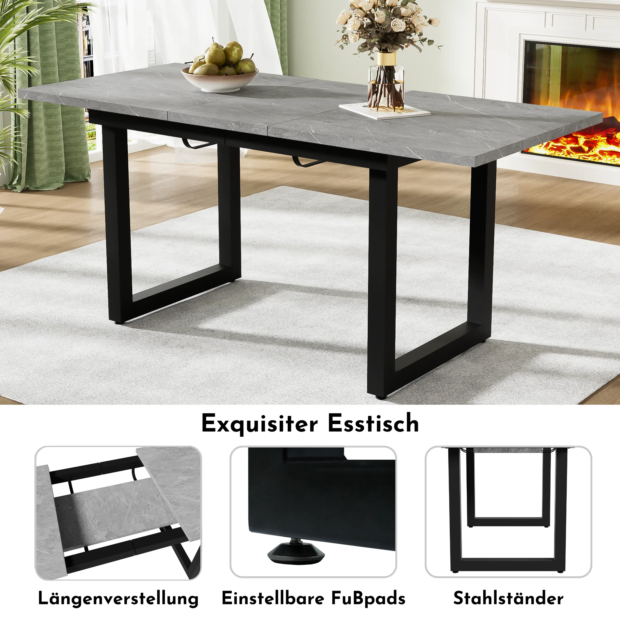 Extendable Dining Table 140/180cm Rectangular Industrial Style - Concrete Look/Black - Image 4