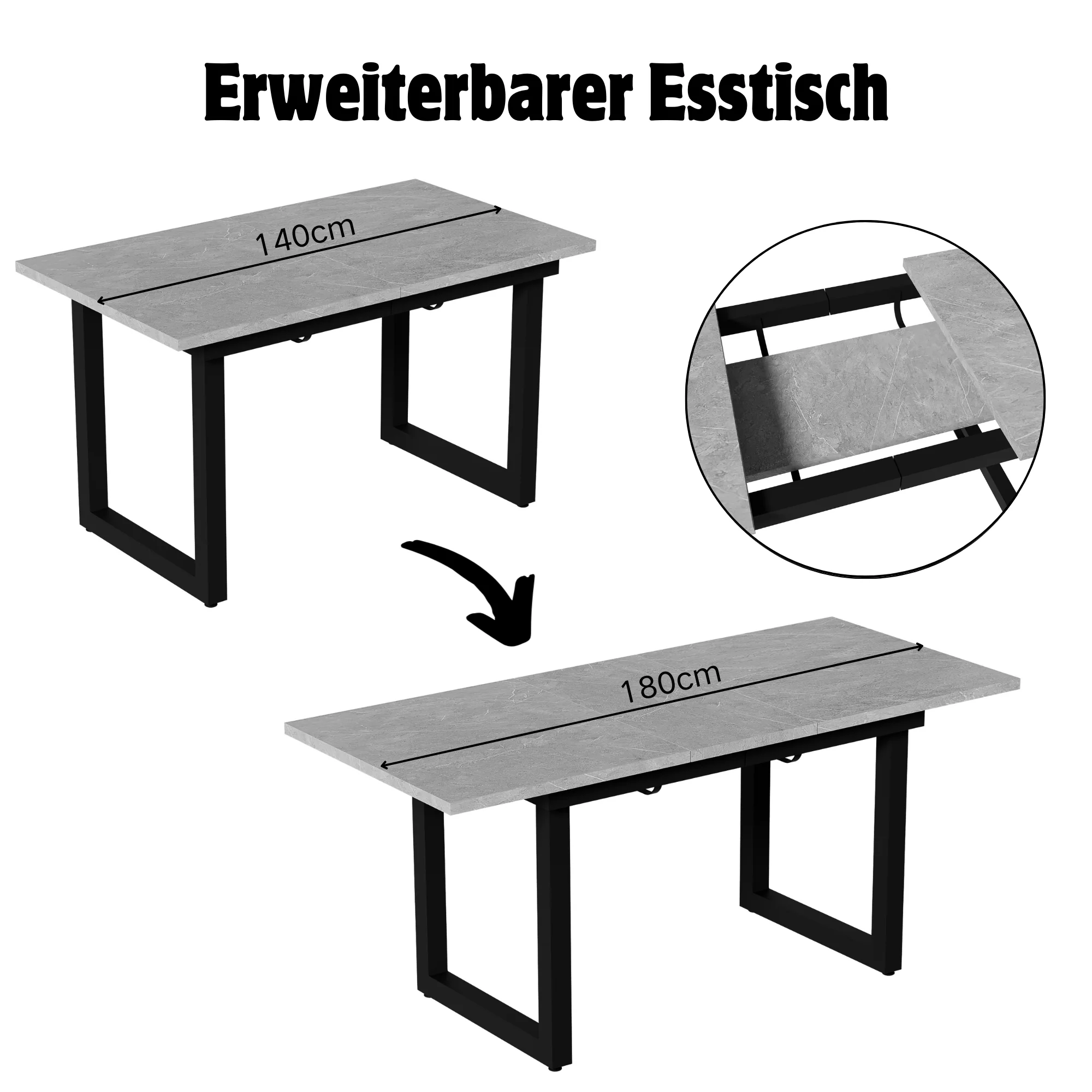 Extendable Dining Table 140/180cm Rectangular Industrial Style - Concrete Look/Black - Image 5