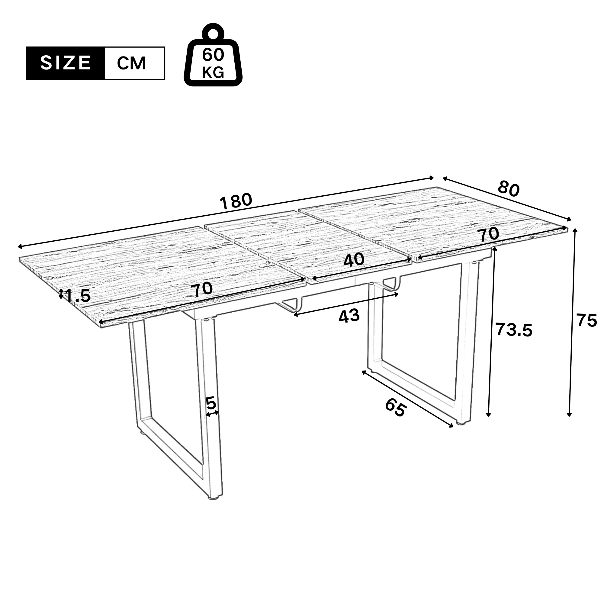 Extendable Dining Table 140/180cm Rectangular Industrial Style - Concrete Look/Black - Image 7