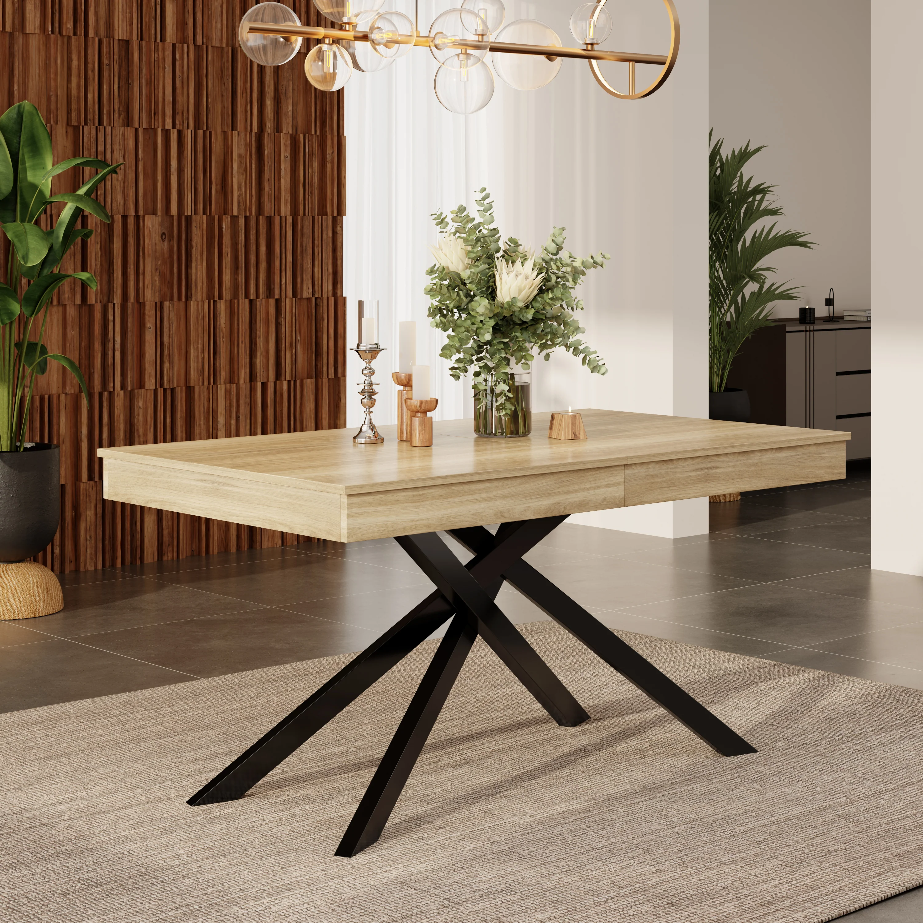 Extendable Dining Table 140/180x80cm 6-8 Person Metal Legs Oak Color