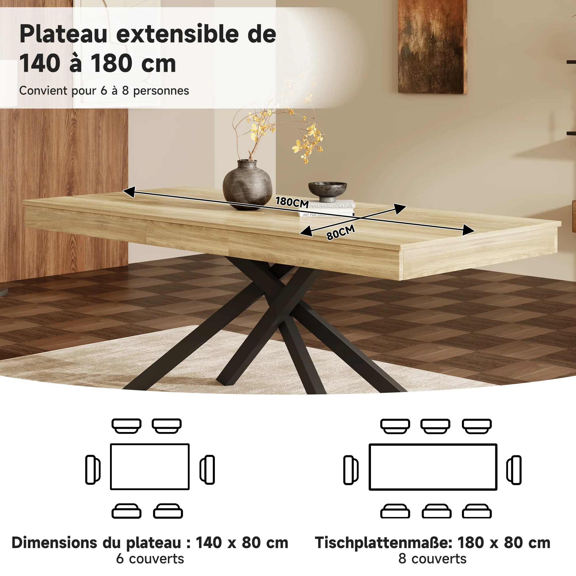 Extendable Dining Table 140/180x80cm 6-8 Person Metal Legs Oak Color - Image 10