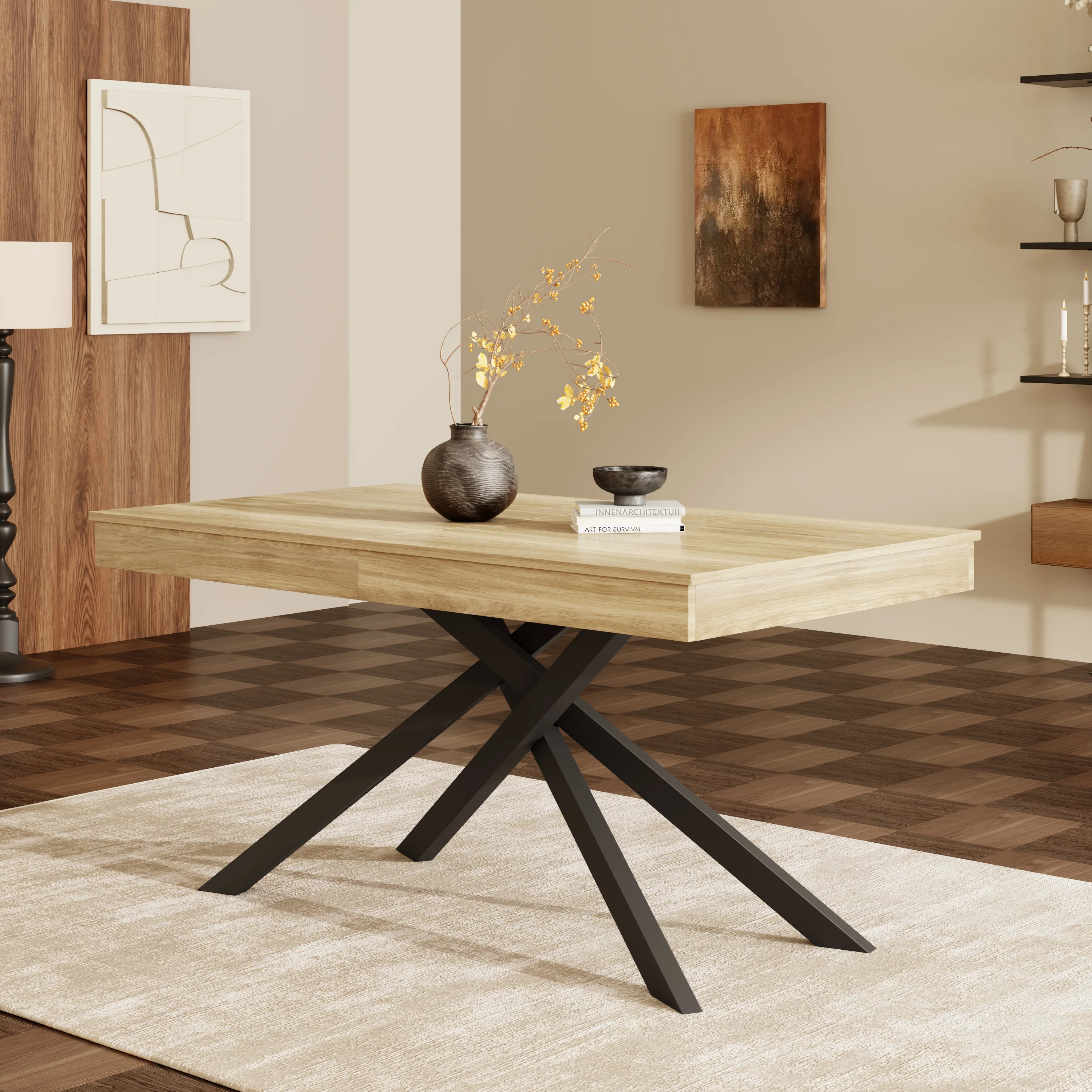 Extendable Dining Table 140/180x80cm 6-8 Person Metal Legs Oak Color - Image 3