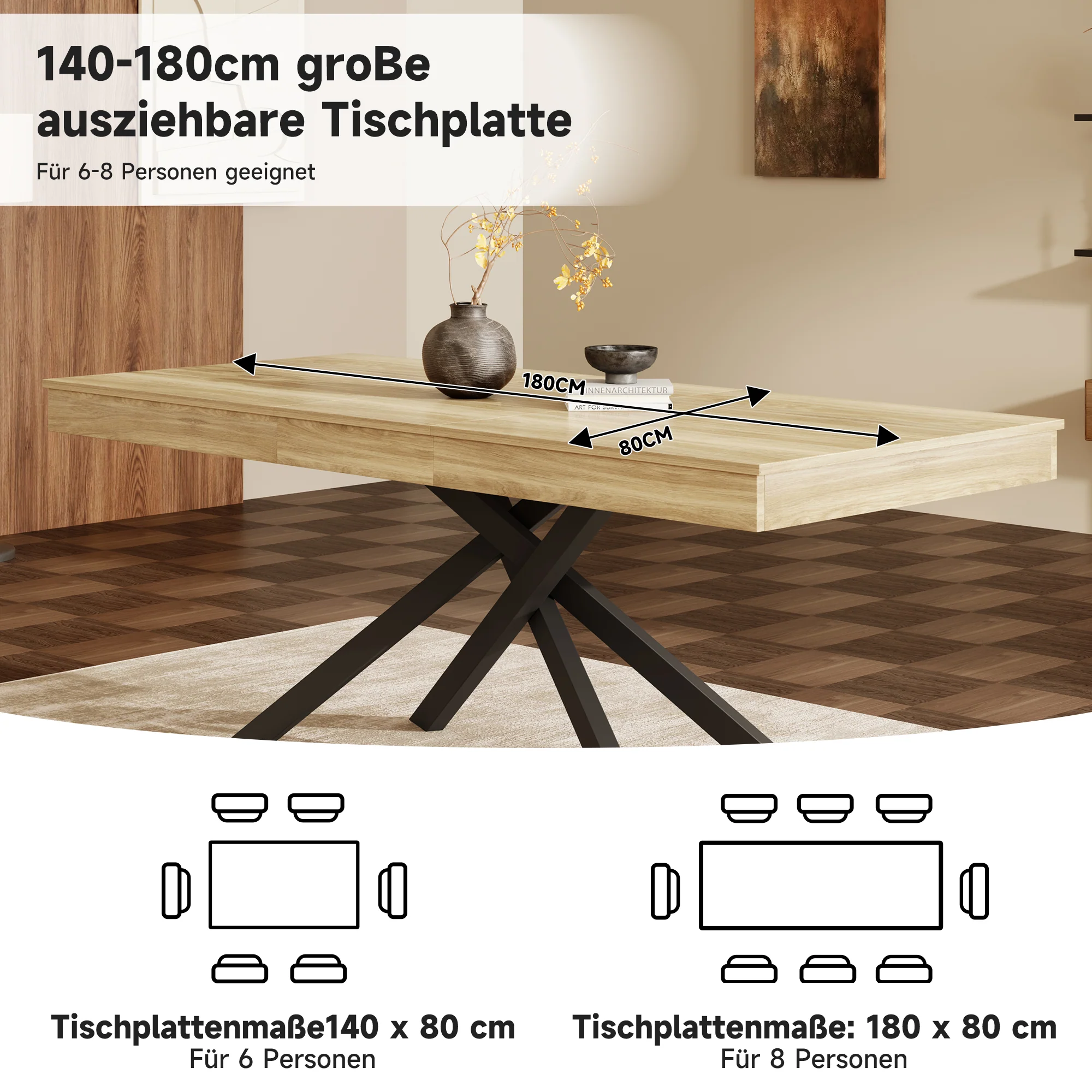 Extendable Dining Table 140/180x80cm 6-8 Person Metal Legs Oak Color - Image 7