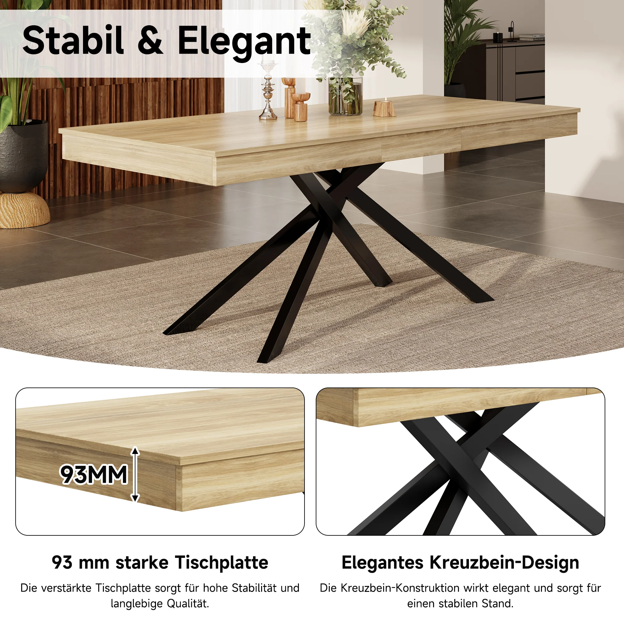 Extendable Dining Table 140/180x80cm 6-8 Person Metal Legs Oak Color - Image 9