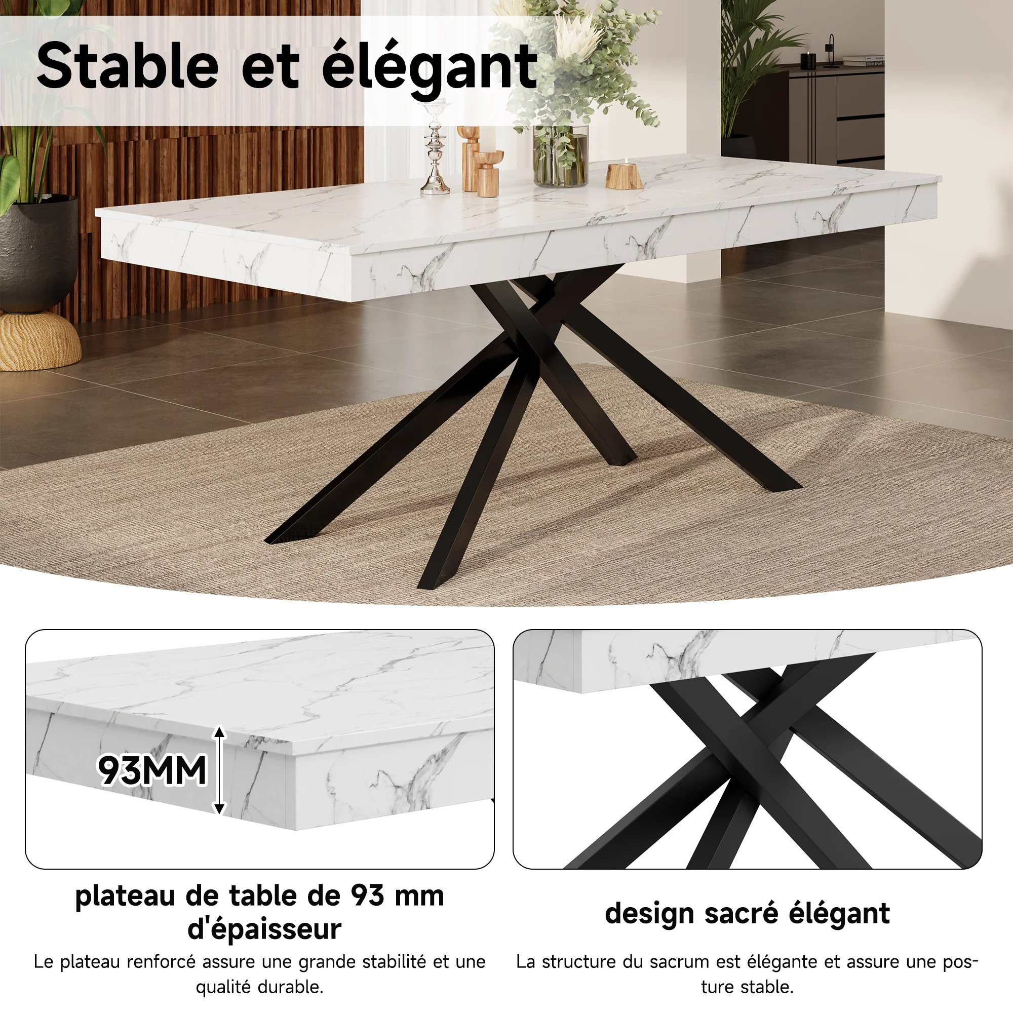 Extendable Dining Table 140/180x80cm Rectangular 6-8 Seater Metal Legs - White - Image 10