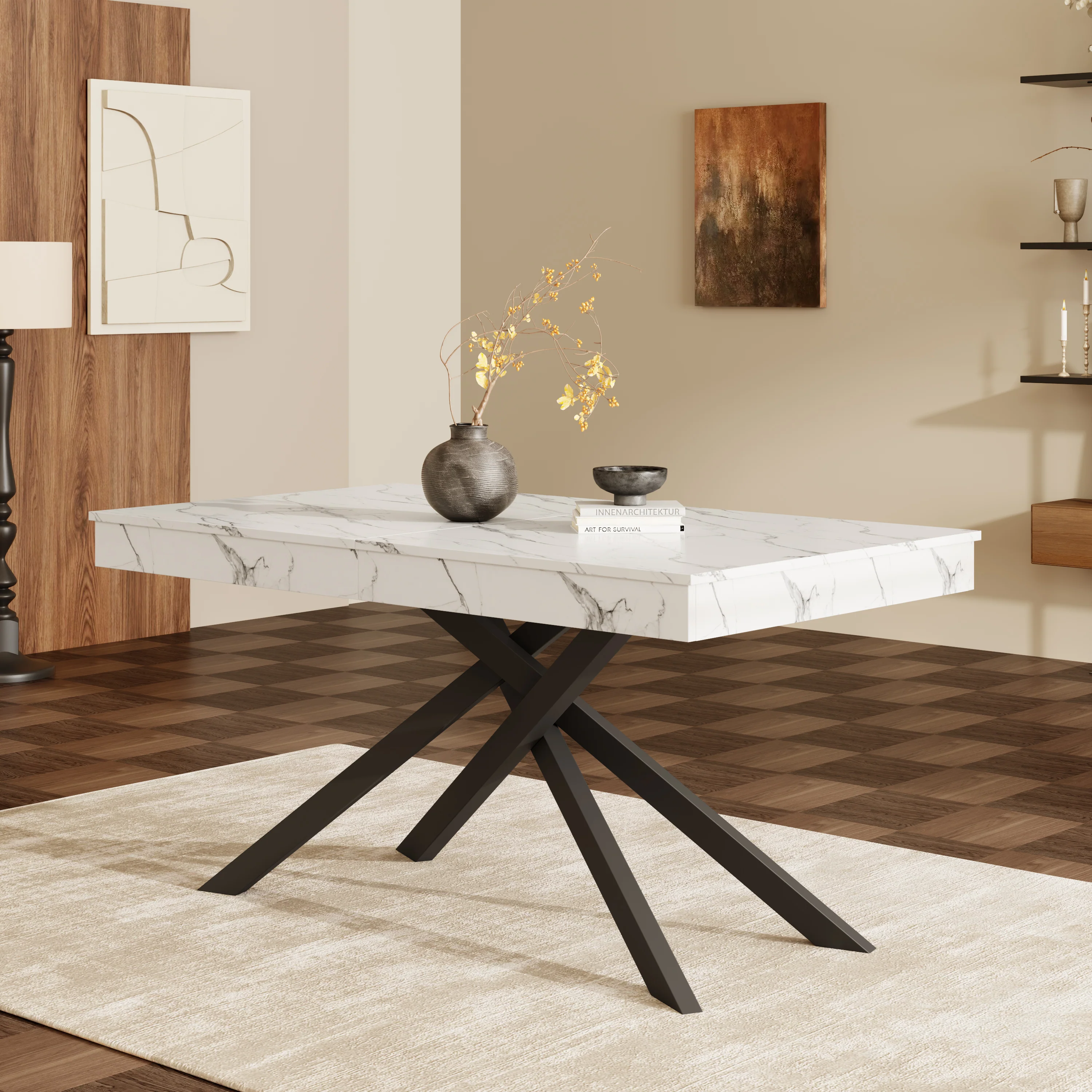 Extendable Dining Table 140/180x80cm Rectangular 6-8 Seater Metal Legs - White - Image 4