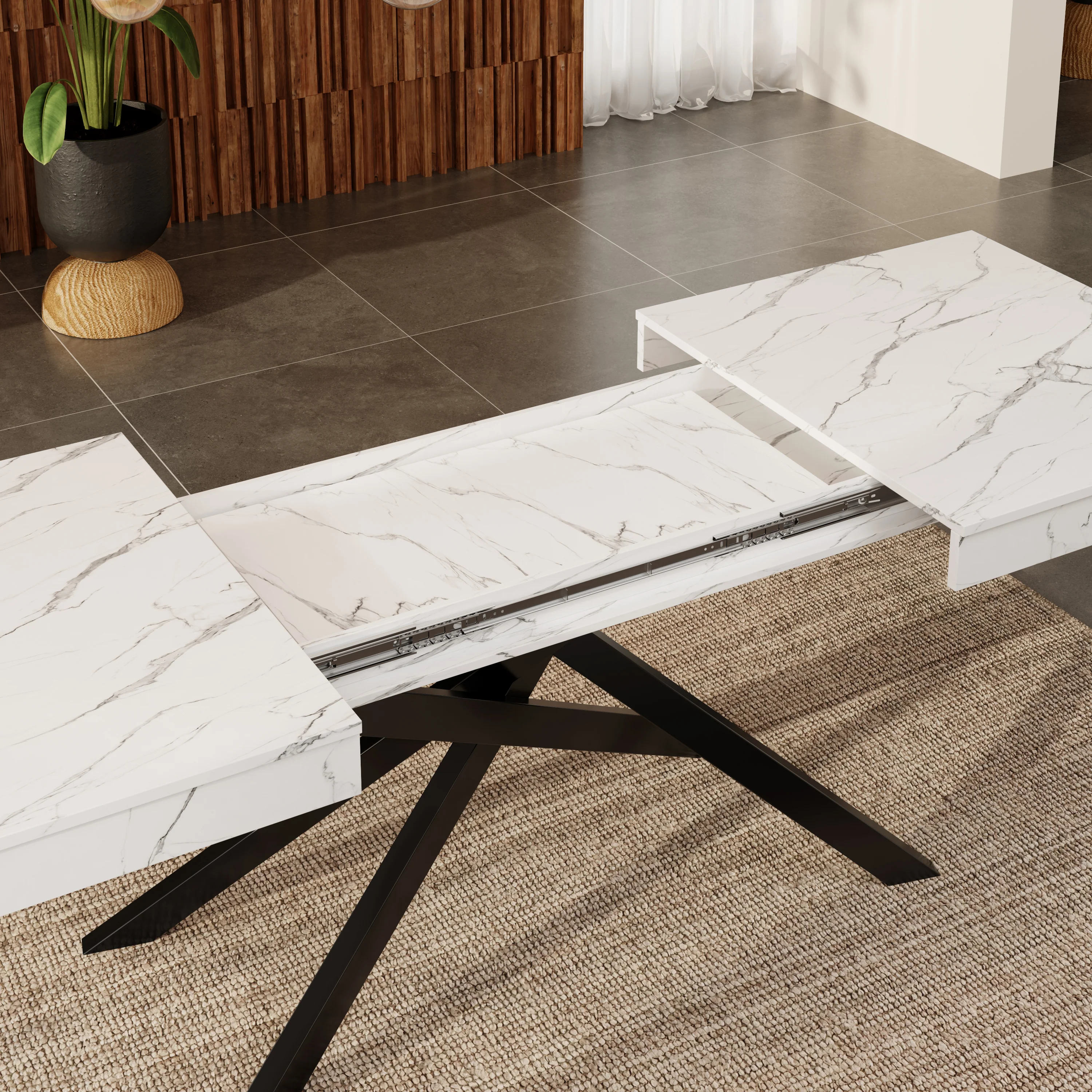 Extendable Dining Table 140/180x80cm Rectangular 6-8 Seater Metal Legs - White - Image 5