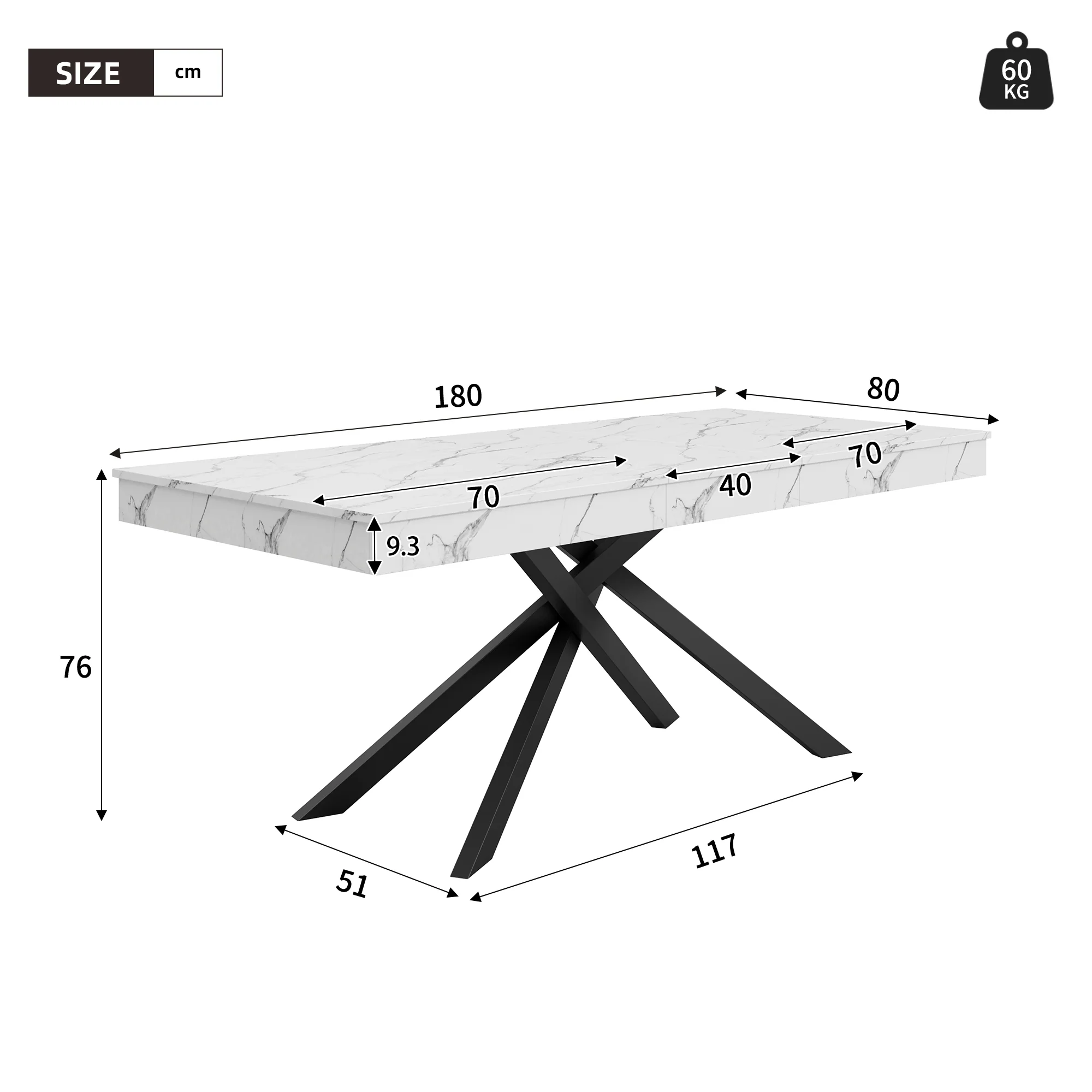 Extendable Dining Table 140/180x80cm Rectangular 6-8 Seater Metal Legs - White - Image 6