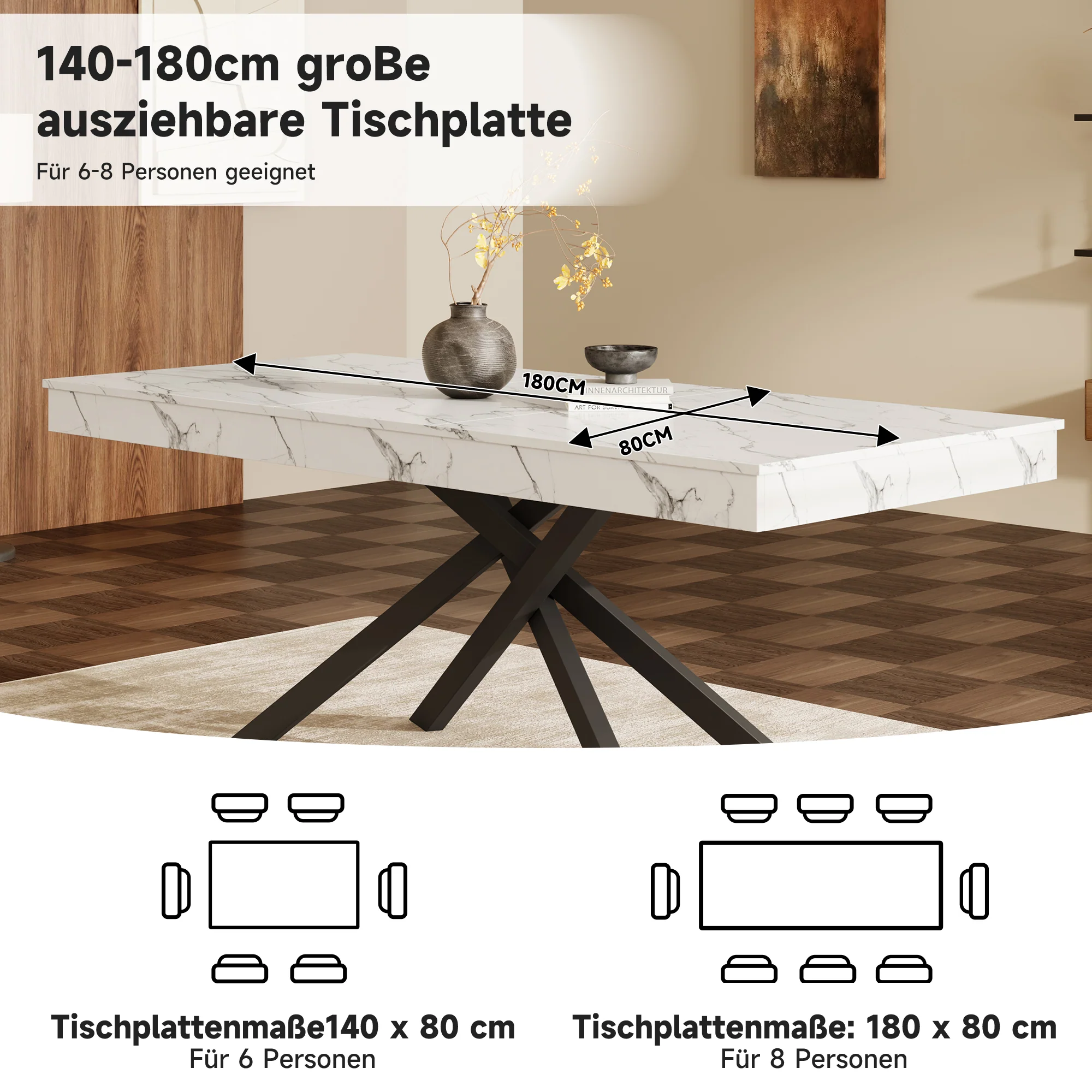 Extendable Dining Table 140/180x80cm Rectangular 6-8 Seater Metal Legs - White - Image 8