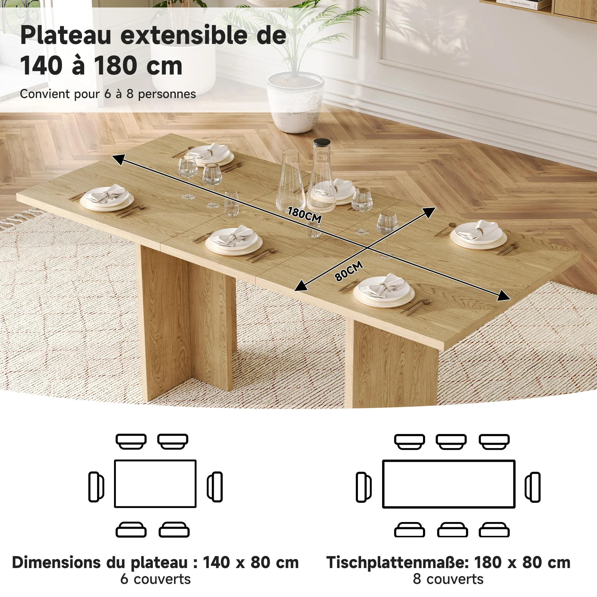 Extendable Dining Table 140/180x80cm Rectangular 6-8 Seater - Oak Color - Image 10