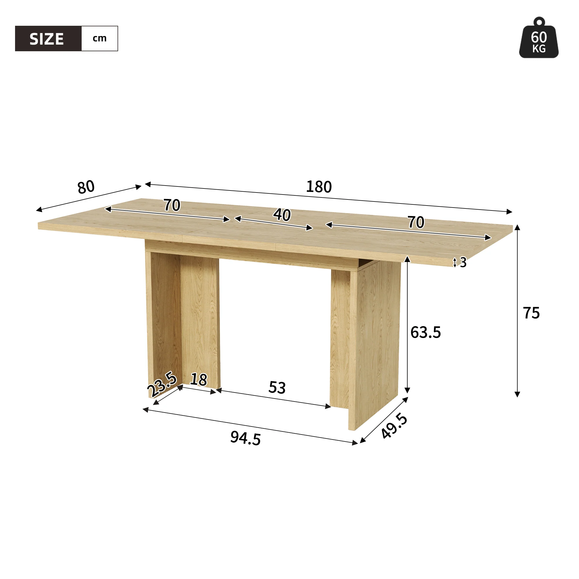 Extendable Dining Table 140/180x80cm Rectangular 6-8 Seater - Oak Color - Image 5