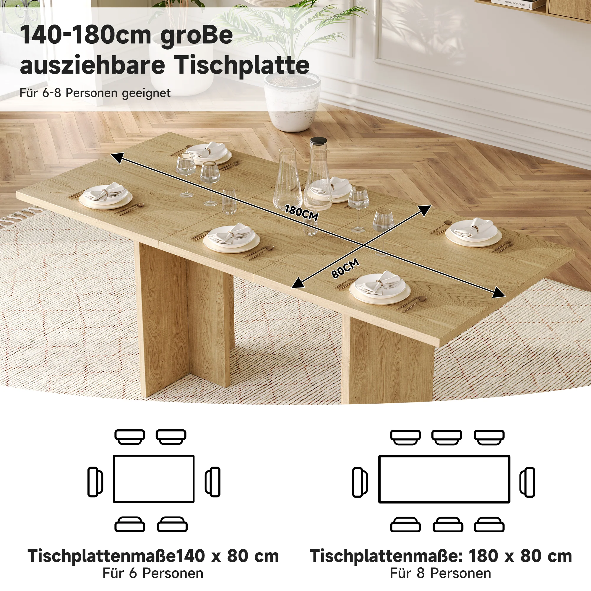 Extendable Dining Table 140/180x80cm Rectangular 6-8 Seater - Oak Color - Image 7
