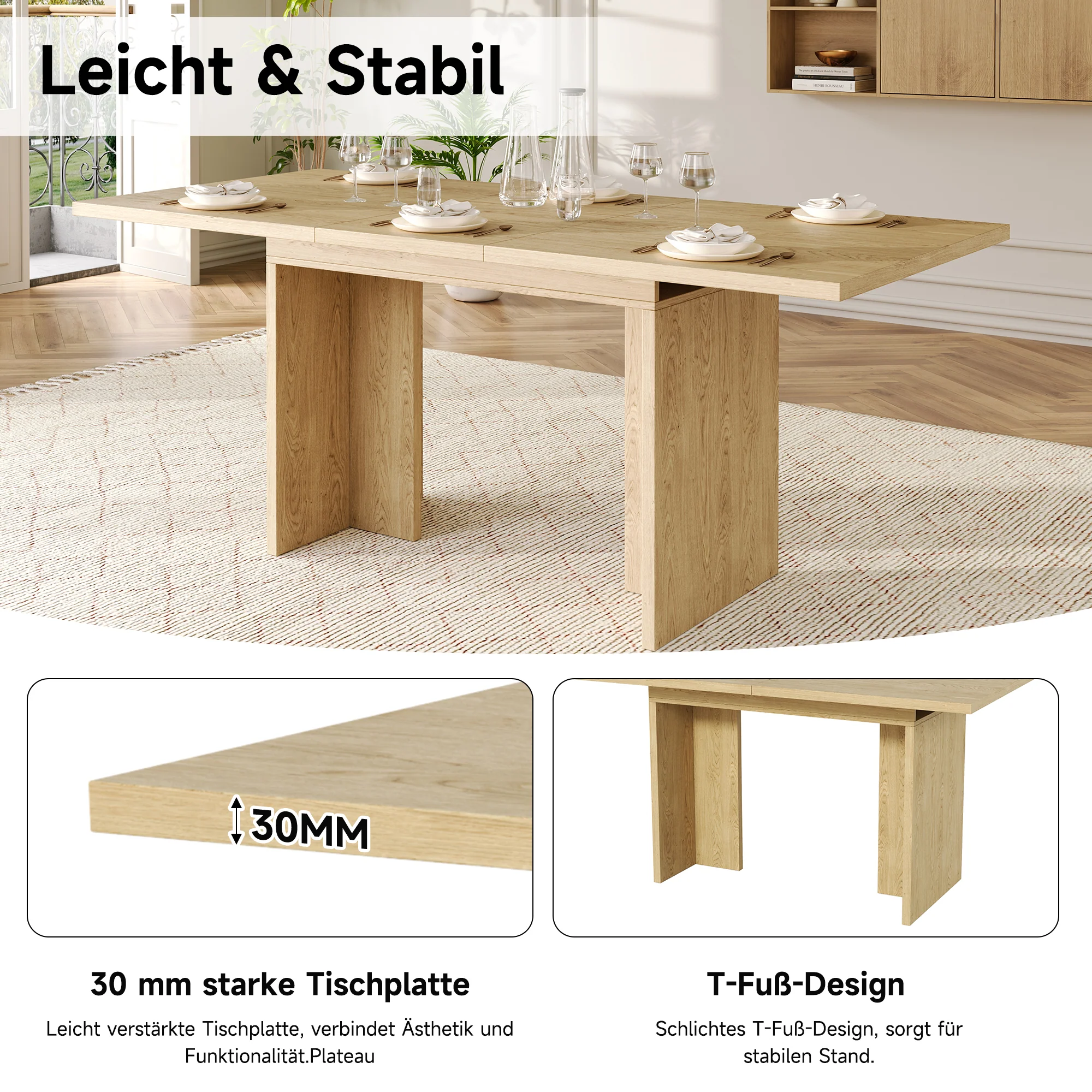 Extendable Dining Table 140/180x80cm Rectangular 6-8 Seater - Oak Color - Image 8