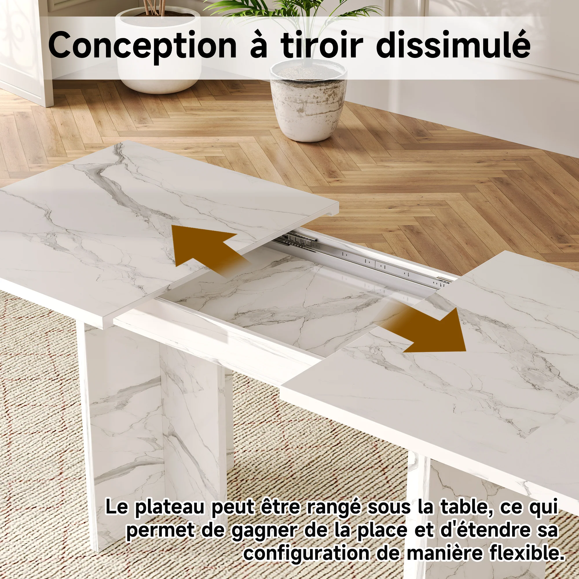 Extendable Dining Table 140/180x80cm Rectangular 6-8 Seater - White Marble - Image 10