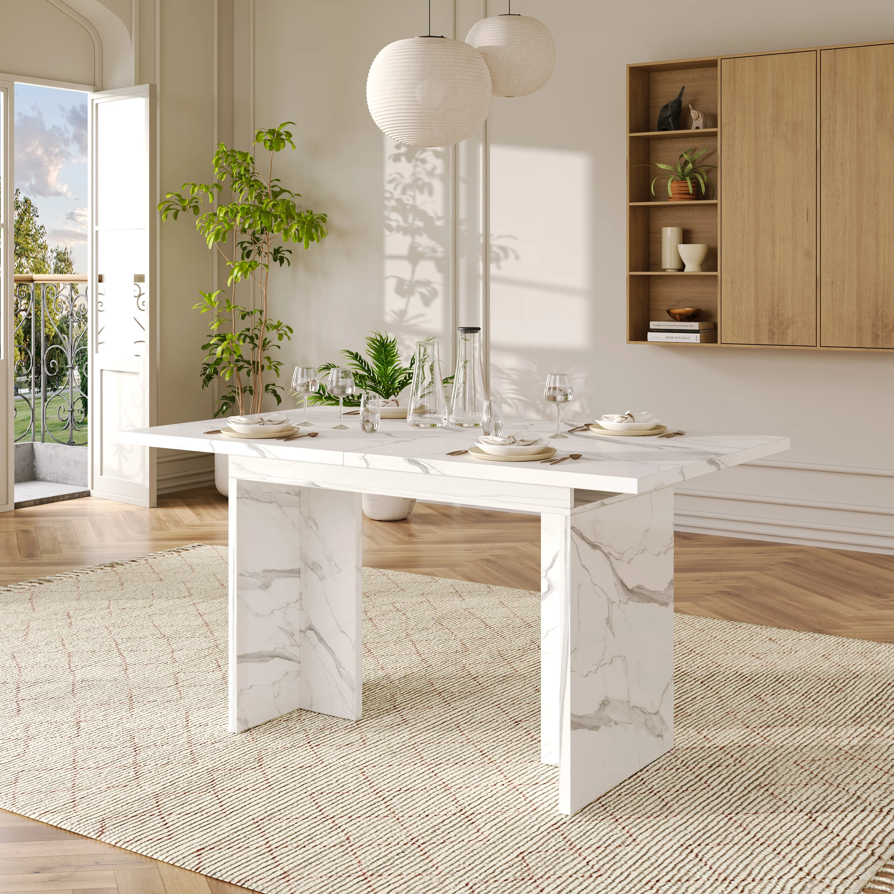 Extendable Dining Table 140/180x80cm Rectangular 6-8 Seater - White Marble - Image 3