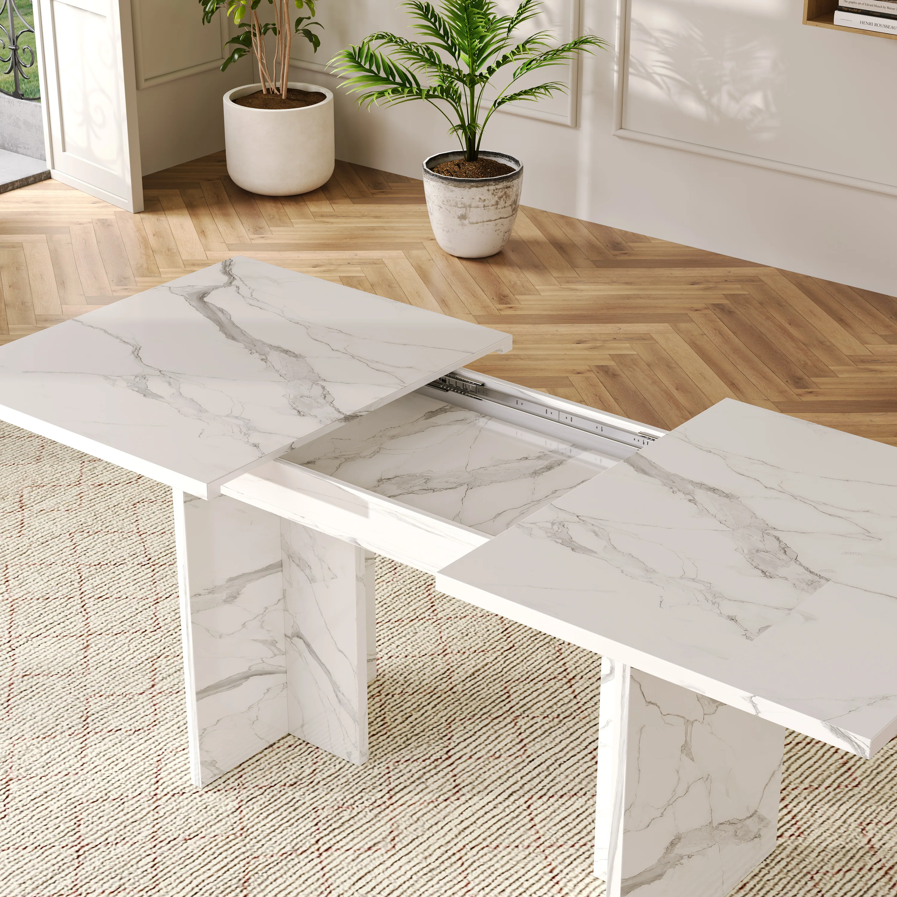 Extendable Dining Table 140/180x80cm Rectangular 6-8 Seater - White Marble - Image 4