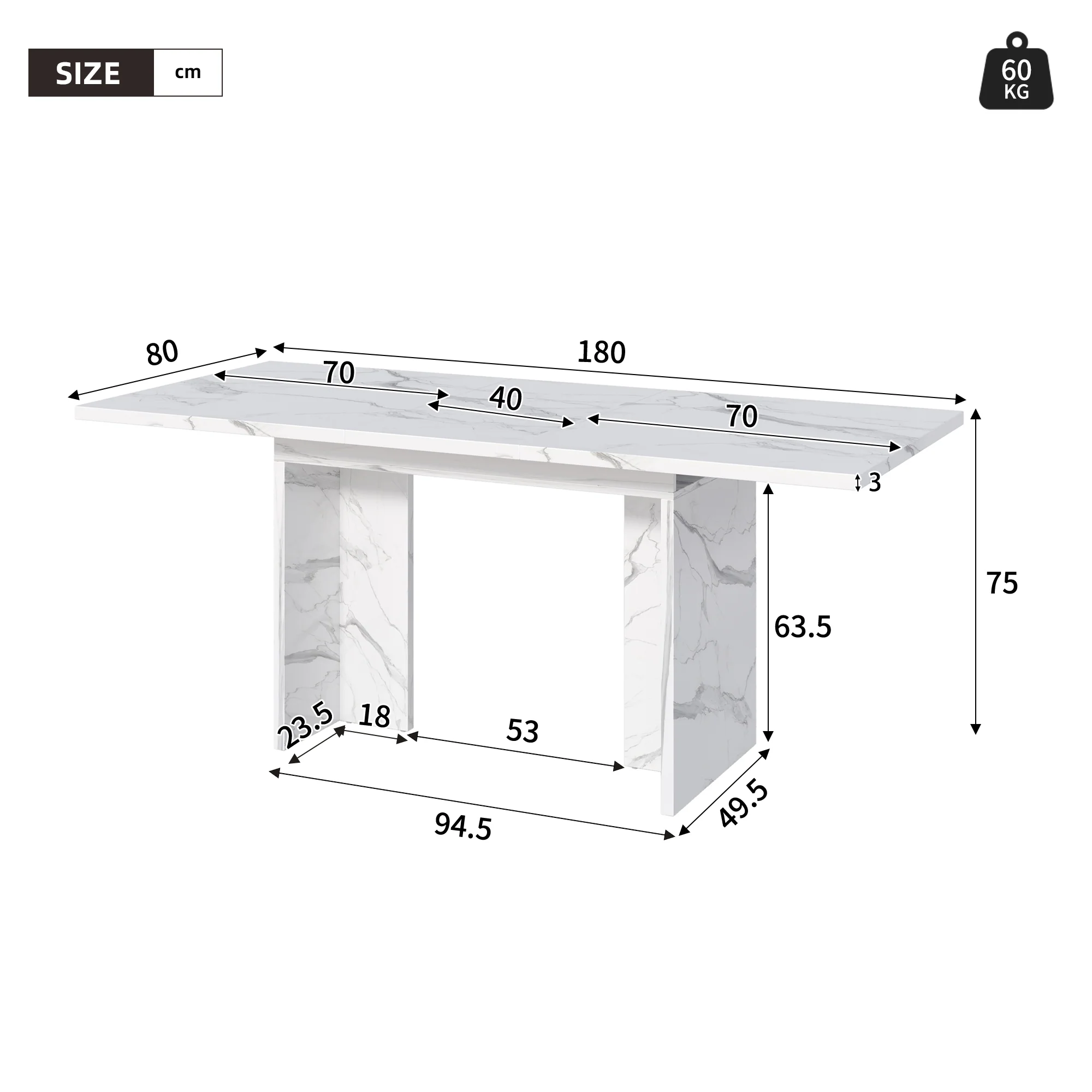 Extendable Dining Table 140/180x80cm Rectangular 6-8 Seater - White Marble - Image 5