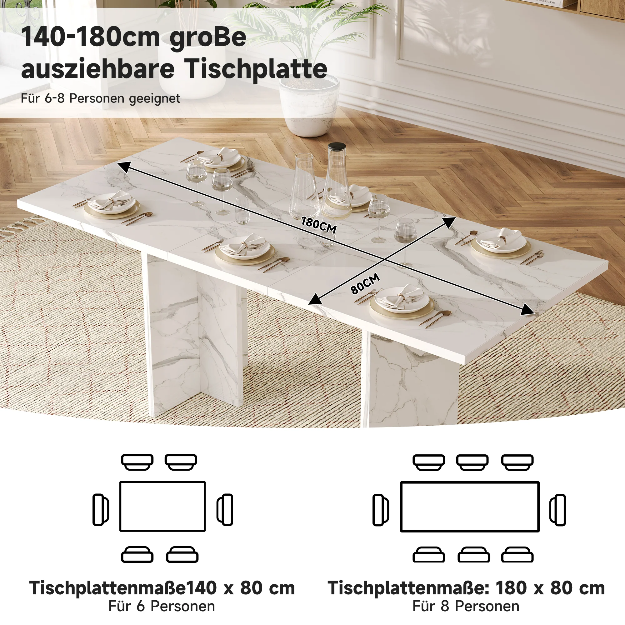 Extendable Dining Table 140/180x80cm Rectangular 6-8 Seater - White Marble - Image 6