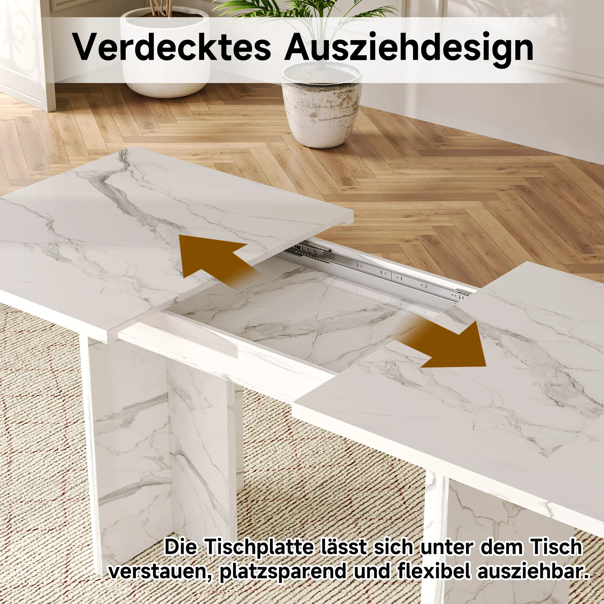 Extendable Dining Table 140/180x80cm Rectangular 6-8 Seater - White Marble - Image 7