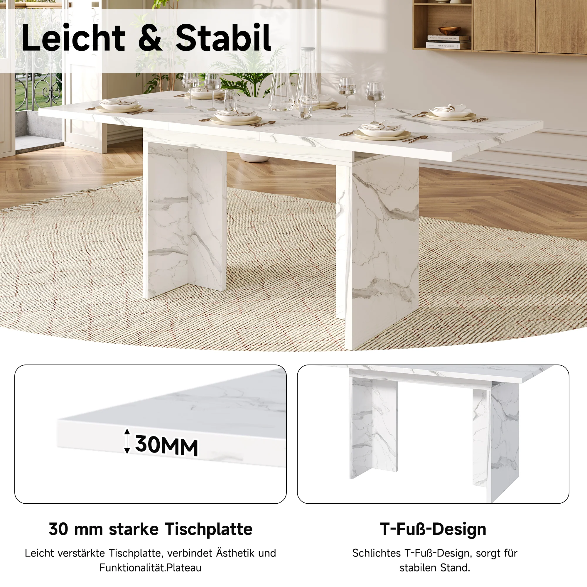 Extendable Dining Table 140/180x80cm Rectangular 6-8 Seater - White Marble - Image 8
