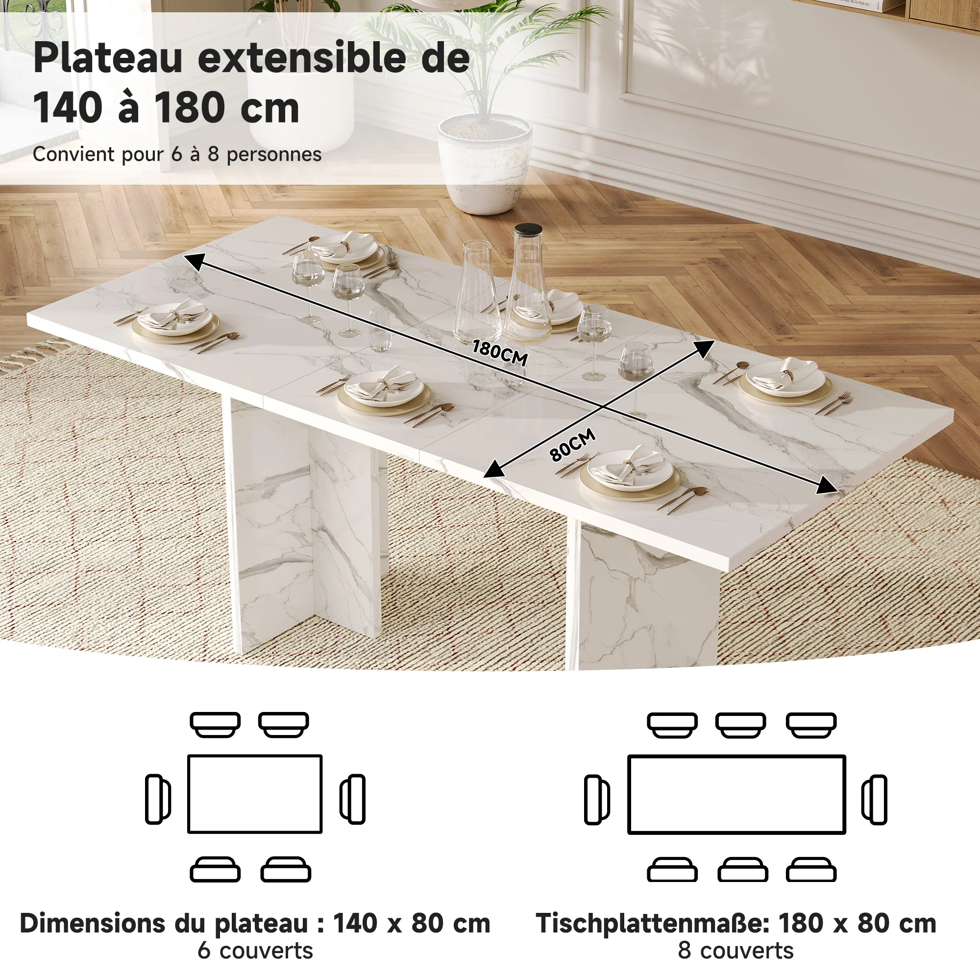 Extendable Dining Table 140/180x80cm Rectangular 6-8 Seater - White Marble - Image 9