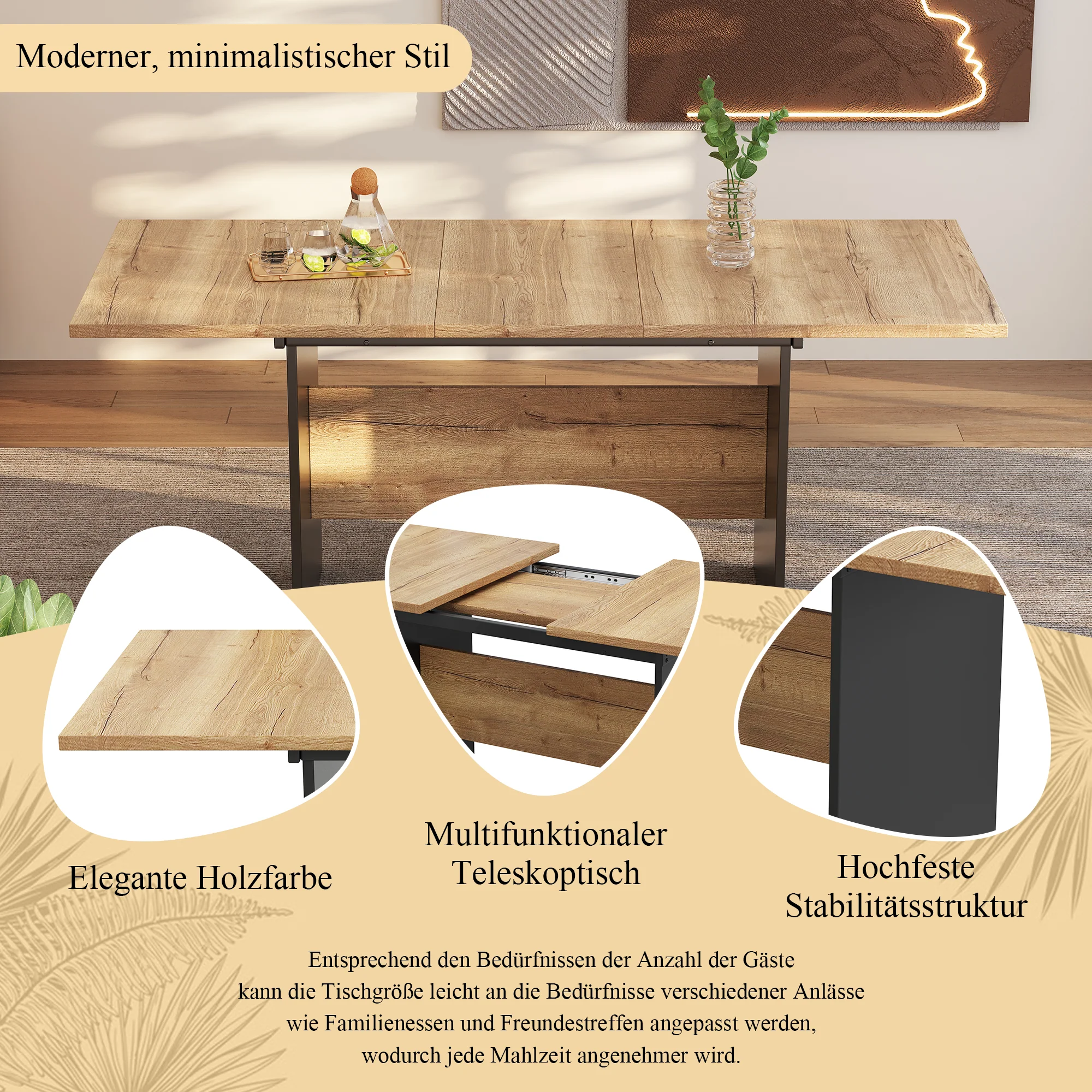 Extendable Dining Table 140/180x80cm Rectangular Wood Grain Minimalist Style Natural - Image 4