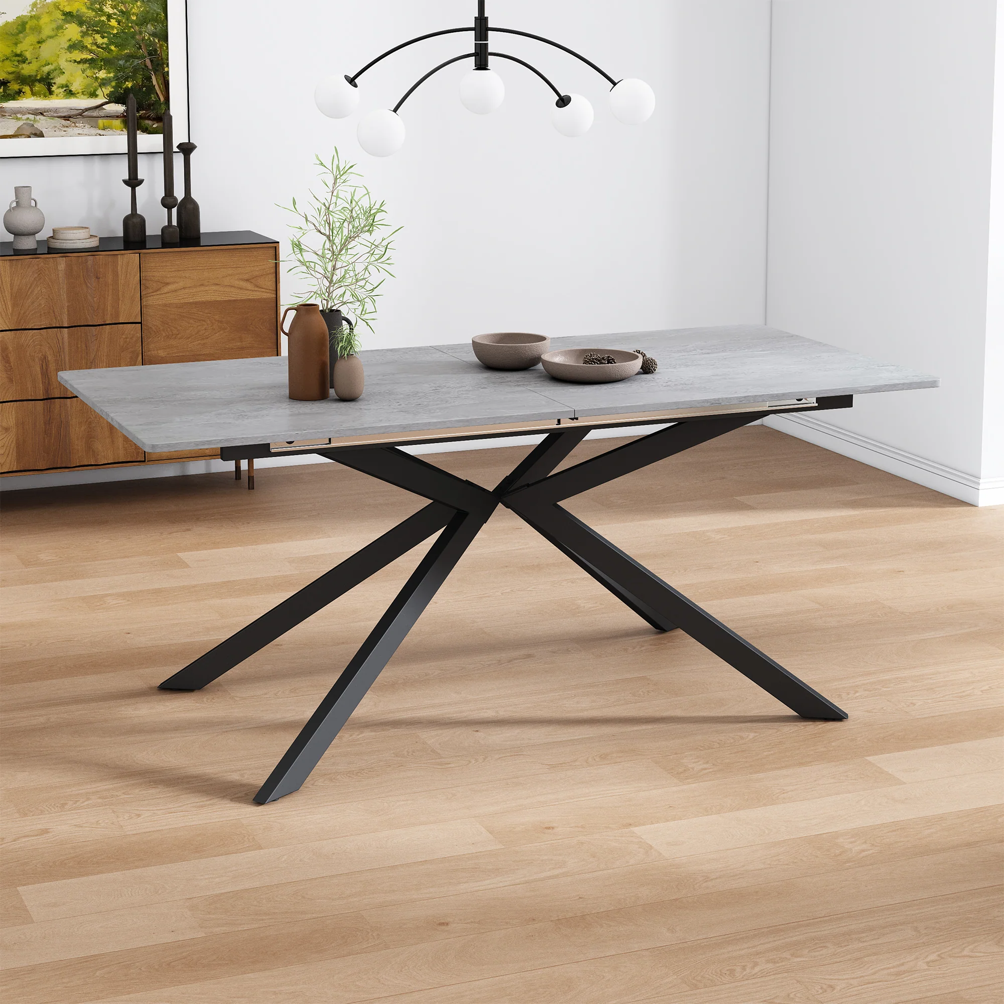 Extendable Dining Table Automatic Rectangular Cross Leg L150/180cm - Cement Pattern Black/Grey - Image 4