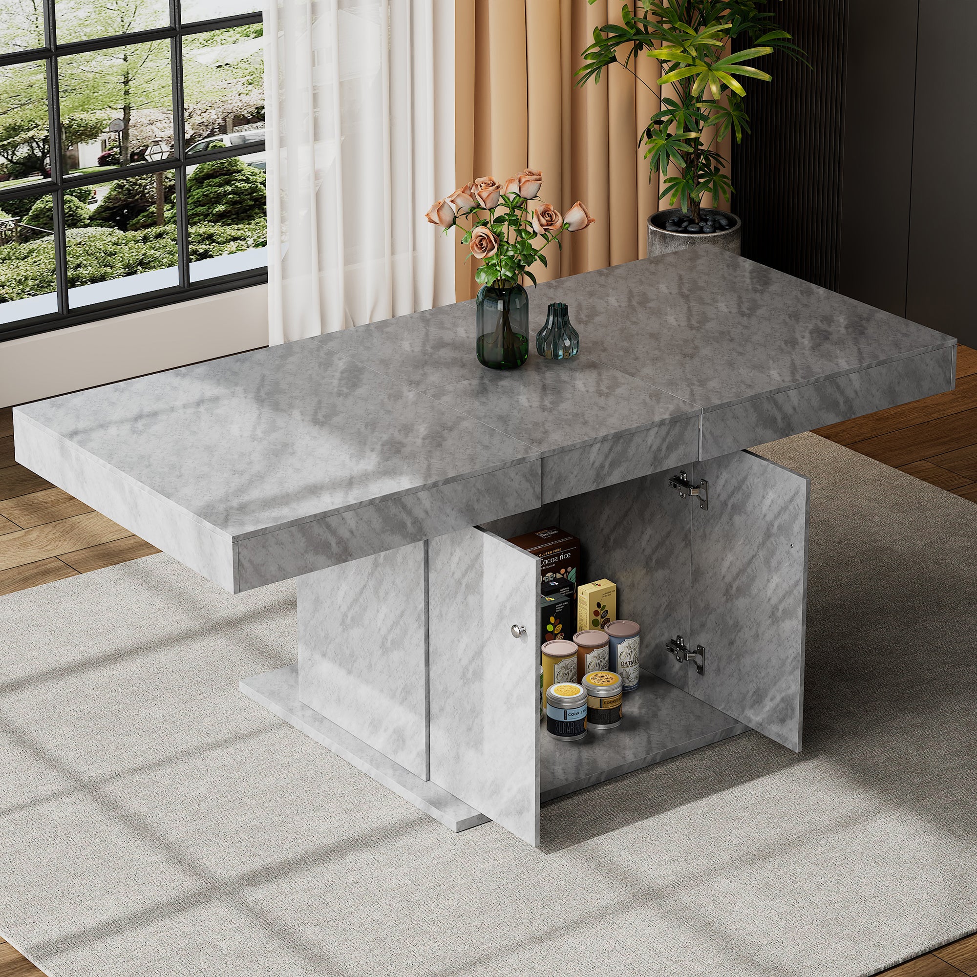Extendable Dining Table Automatic Telescopic Storage 140/180x80cm - Concrete Look