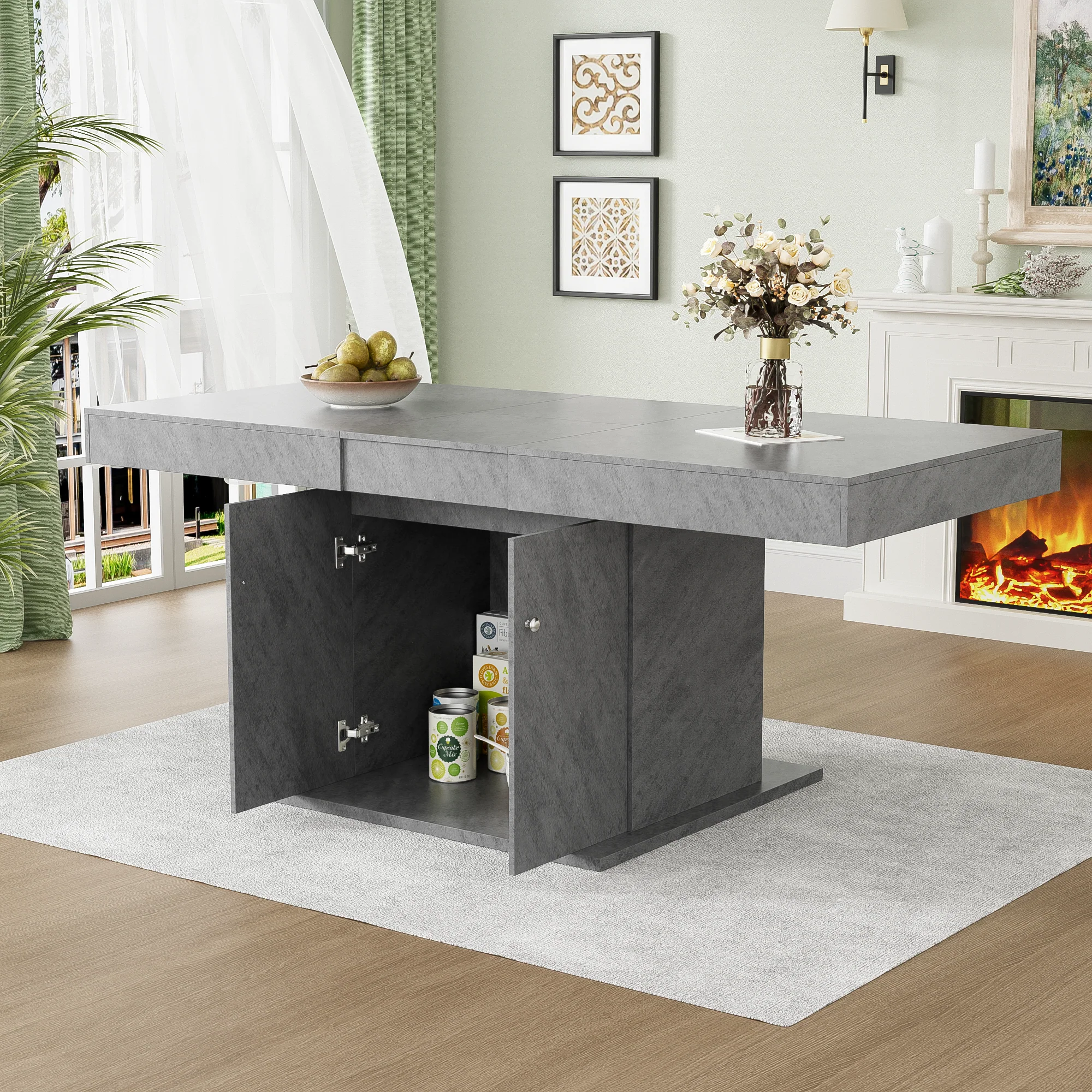 Extendable Dining Table Automatic Telescopic Storage 140/180x80cm - Concrete Look - Image 3